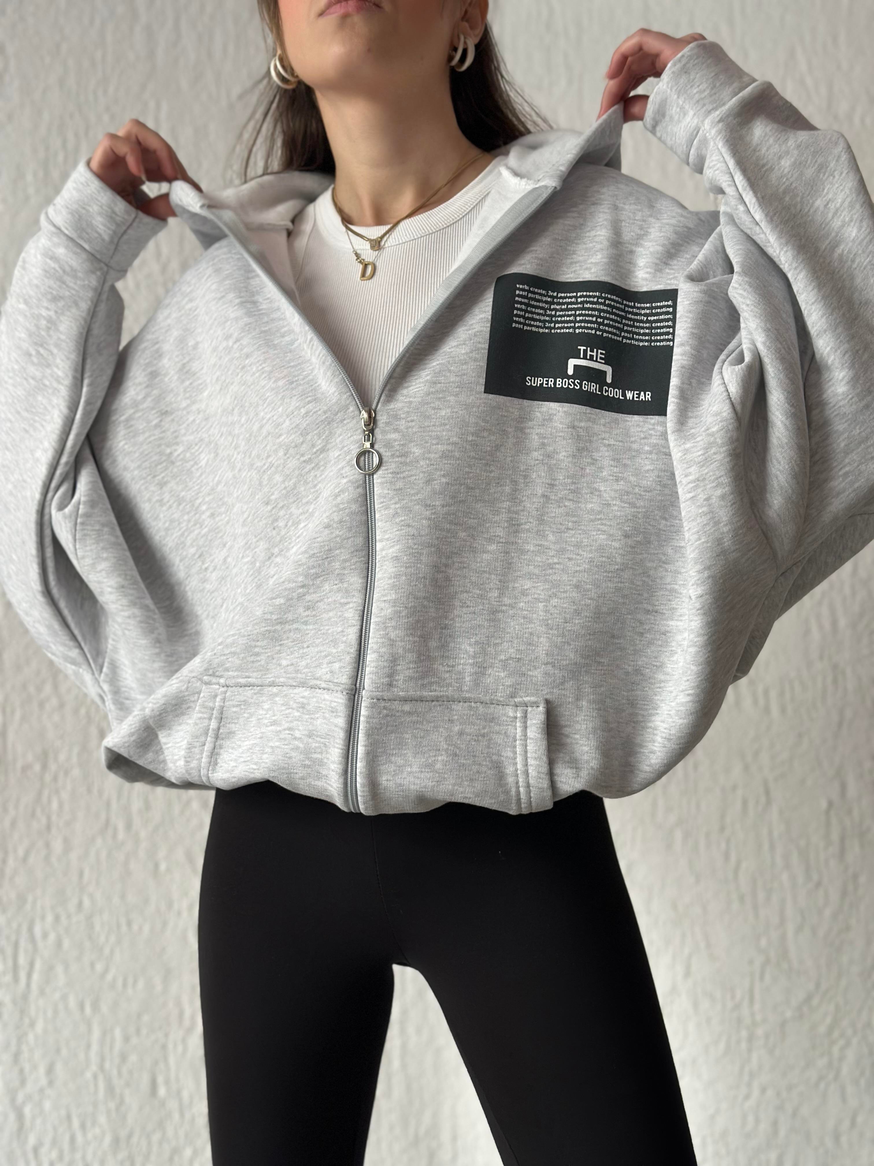 Sırt Baskılı Oversize Hırka - Gri - Dominatrend