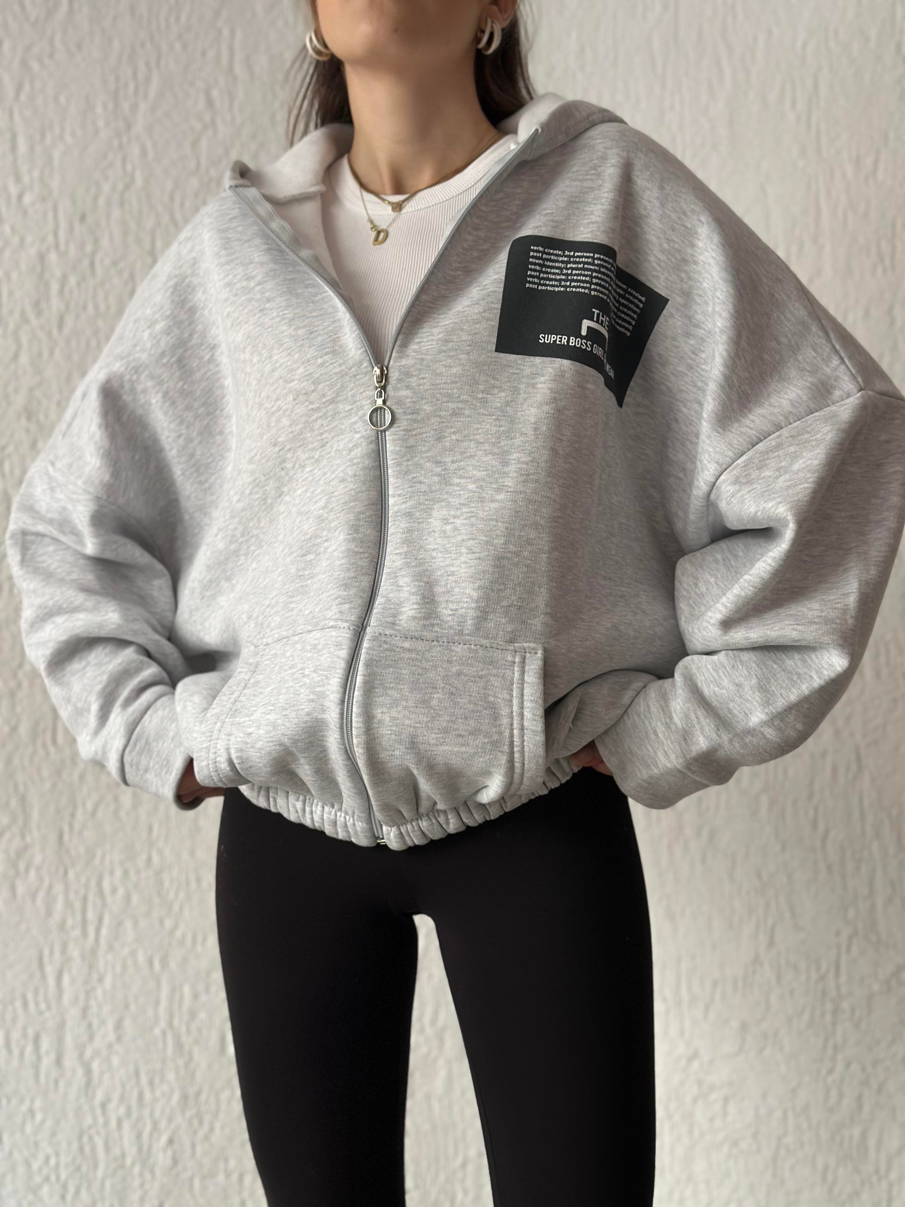 Sırt Baskılı Oversize Hırka - Gri - Dominatrend