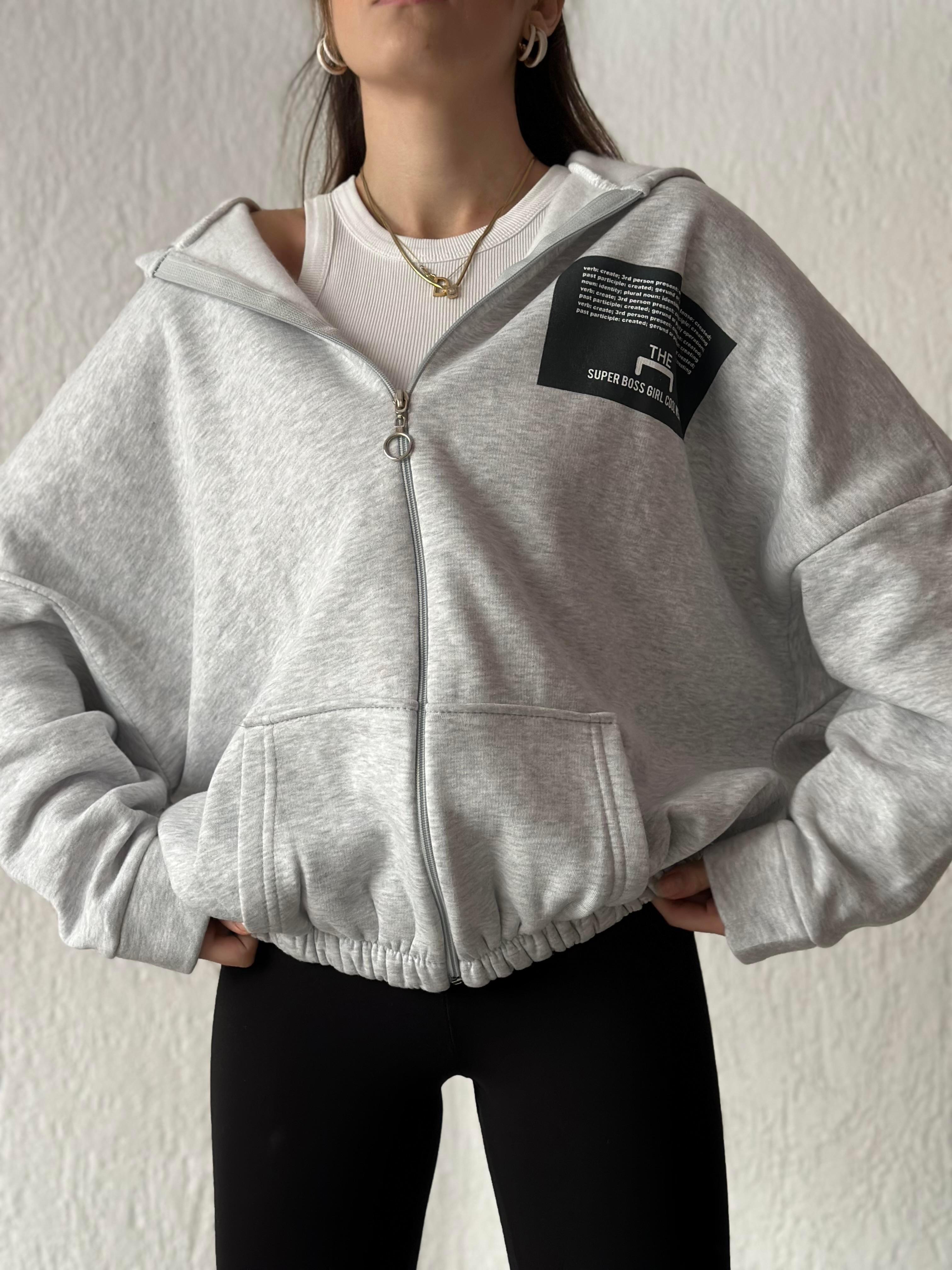 Sırt Baskılı Oversize Hırka - Gri - Dominatrend