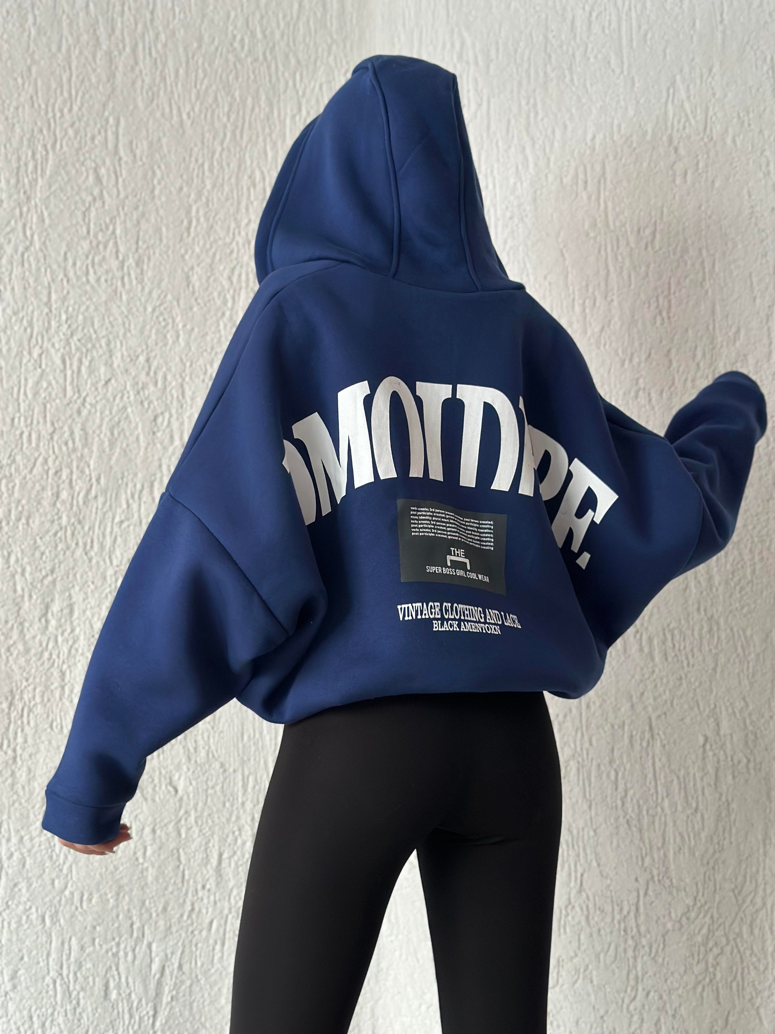 Sırt Baskılı Oversize Hırka - Lacivert - Dominatrend