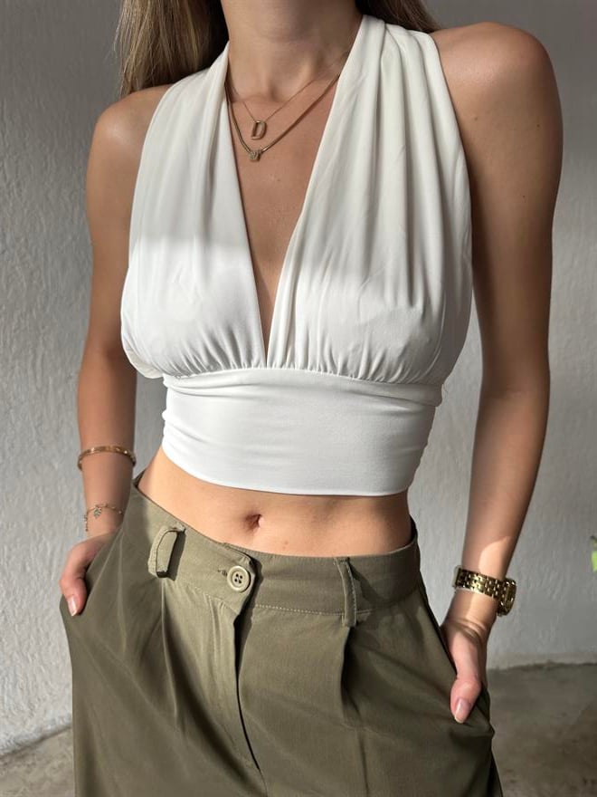 Sırt Dekolteli Bağlamalı Crop - Beyaz - Dominatrend