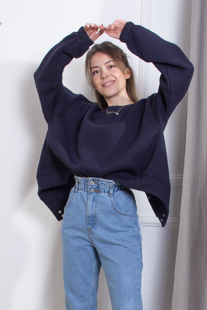 Sırtı Çıtçıtlı Sweatshirt - Lacivert - Dominatrend
