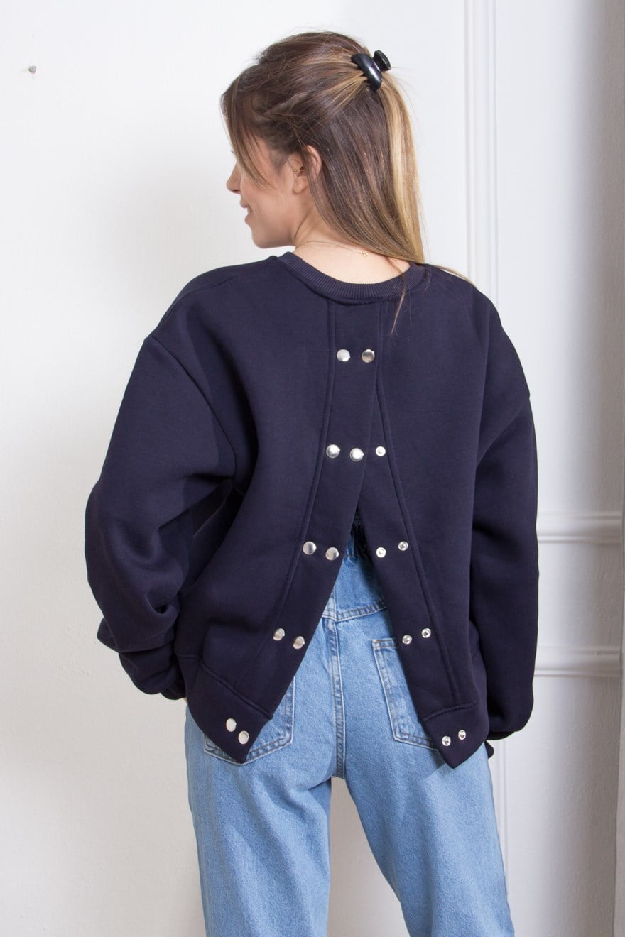Sırtı Çıtçıtlı Sweatshirt - Lacivert - Dominatrend