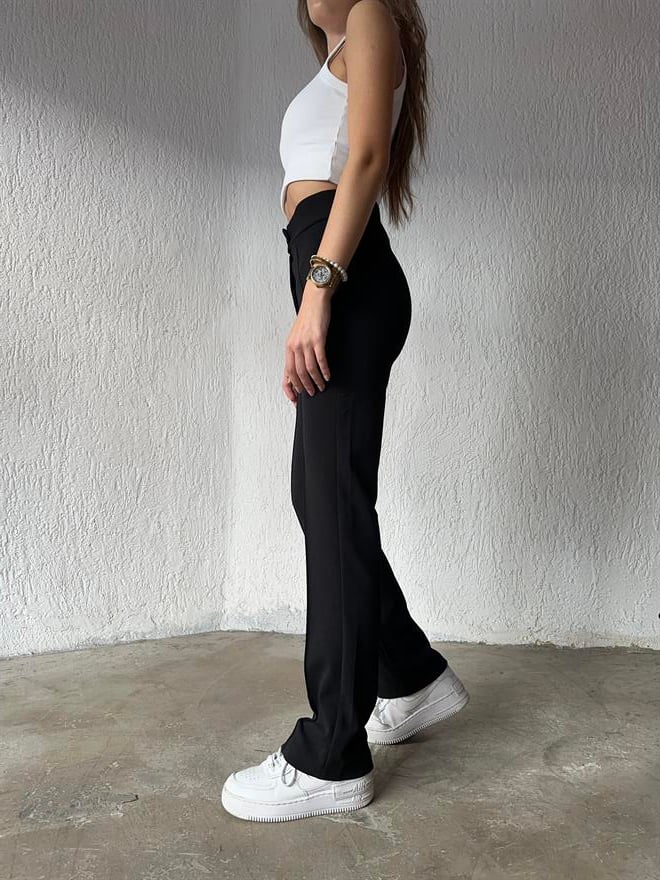 Siyah Bol Paça Önden Dikişli Pantolon - Dominatrend