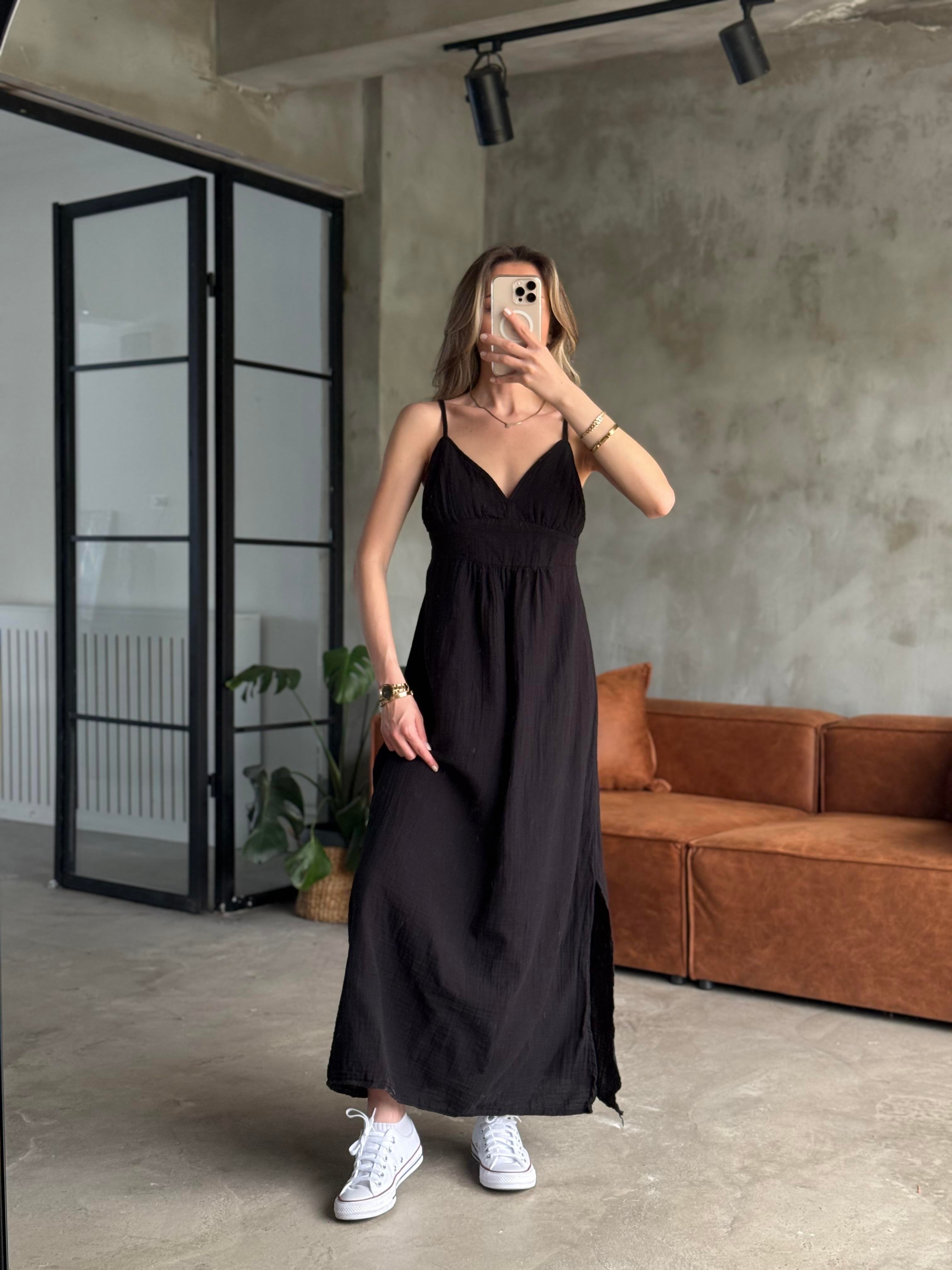 Siyah Lilyana Askılı Müslin Elbise - Dominatrend