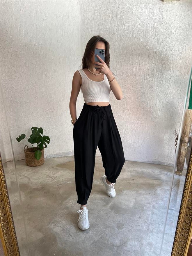Siyah Paça Pensli Şalvar Pantolon - Dominatrend