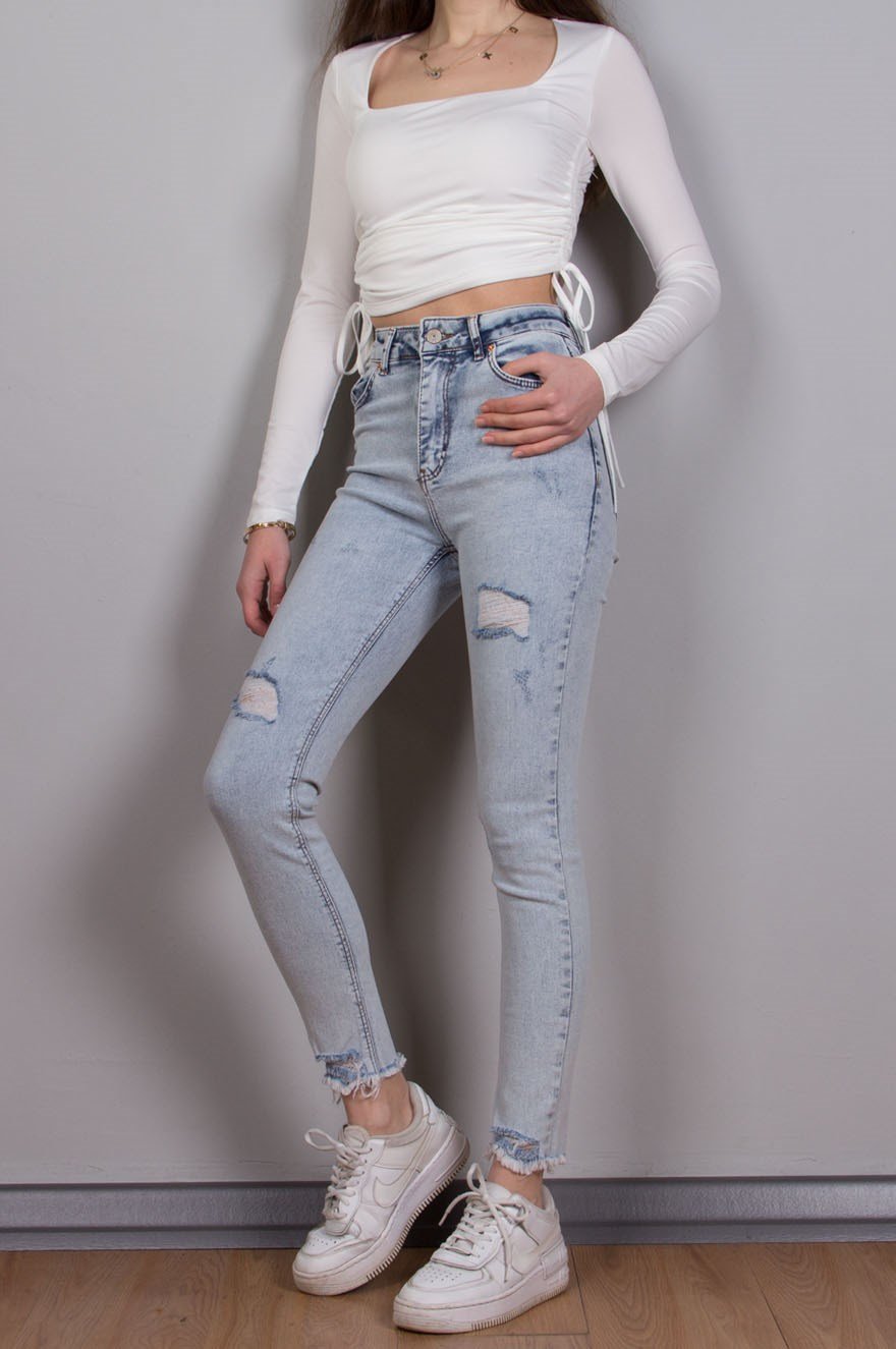Skinny Yırtık Detay Pantolon - Buz Mavi - Dominatrend