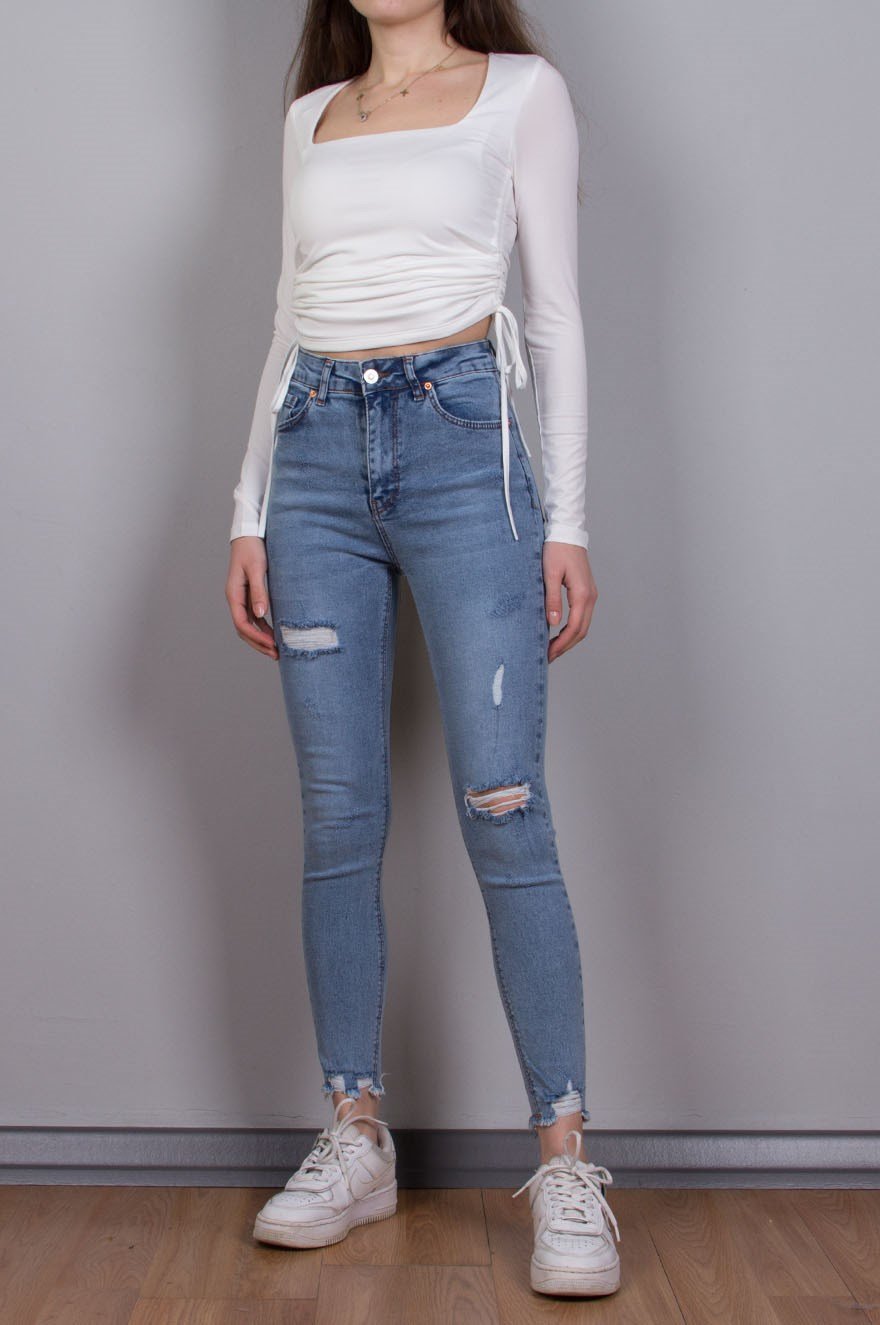Skinny Yırtık Detay Pantolon - Mavi - Dominatrend