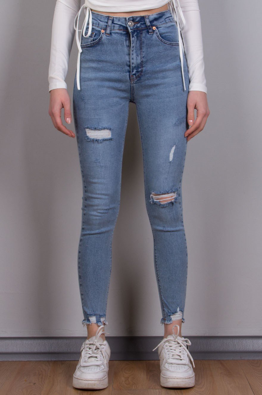 Skinny Yırtık Detay Pantolon - Mavi - Dominatrend