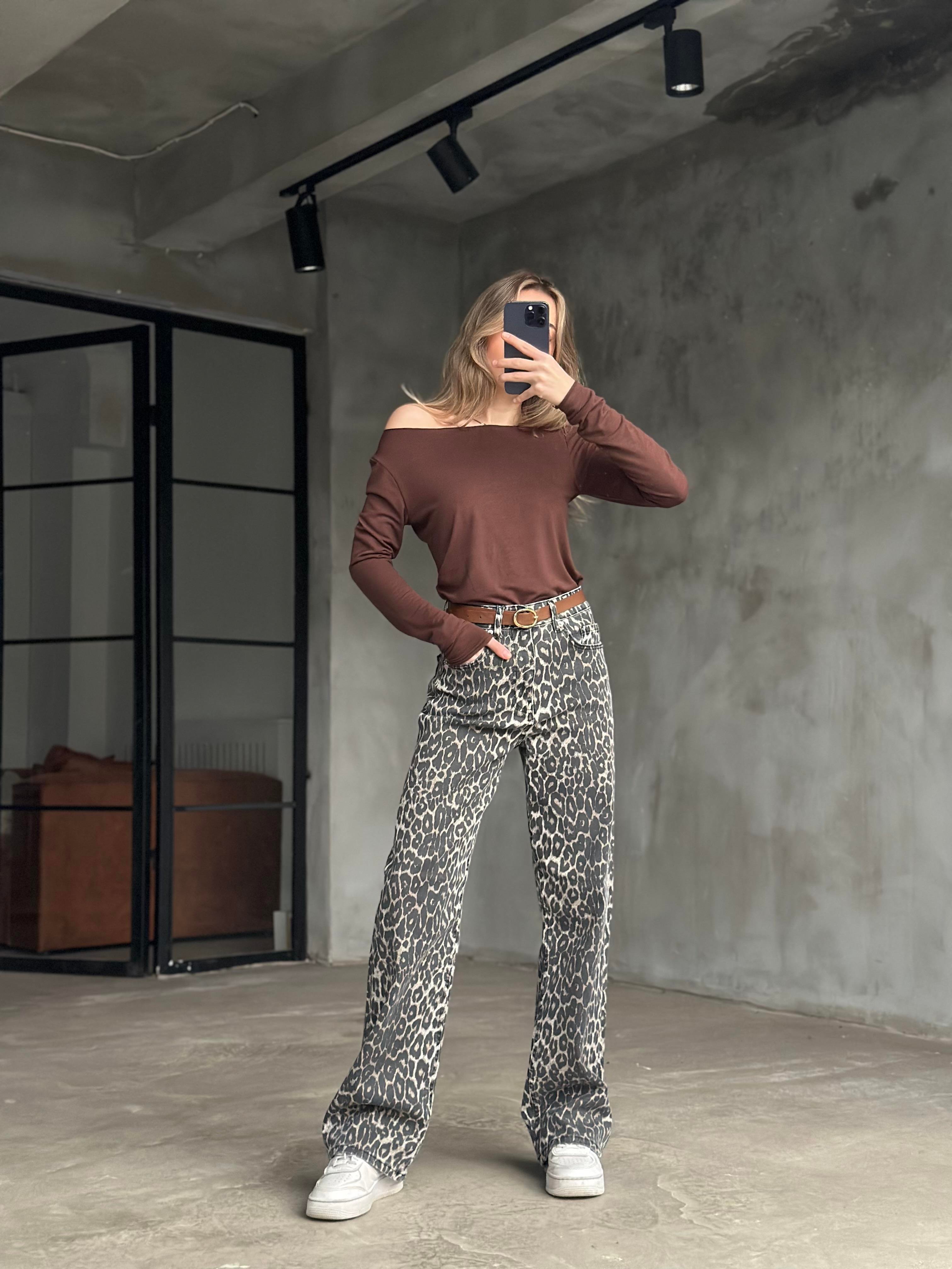 Soluk Efektli Leopar Desenli Straight Jean - Dominatrend