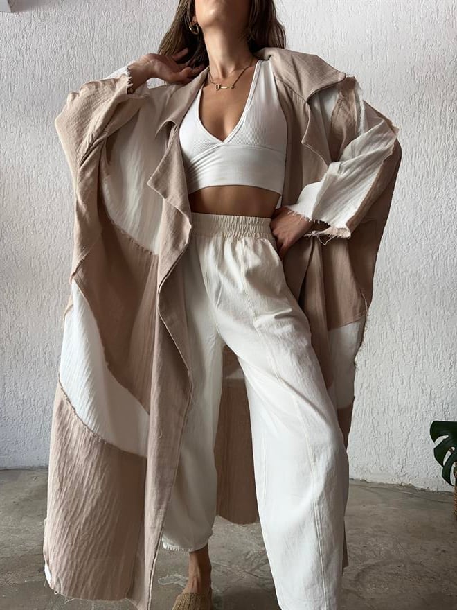 Tasarım Yarasa Kol Müslin Kimono - Bej - Dominatrend