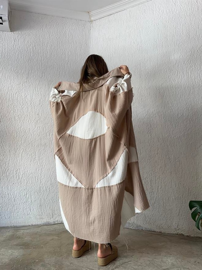 Tasarım Yarasa Kol Müslin Kimono - Bej - Dominatrend