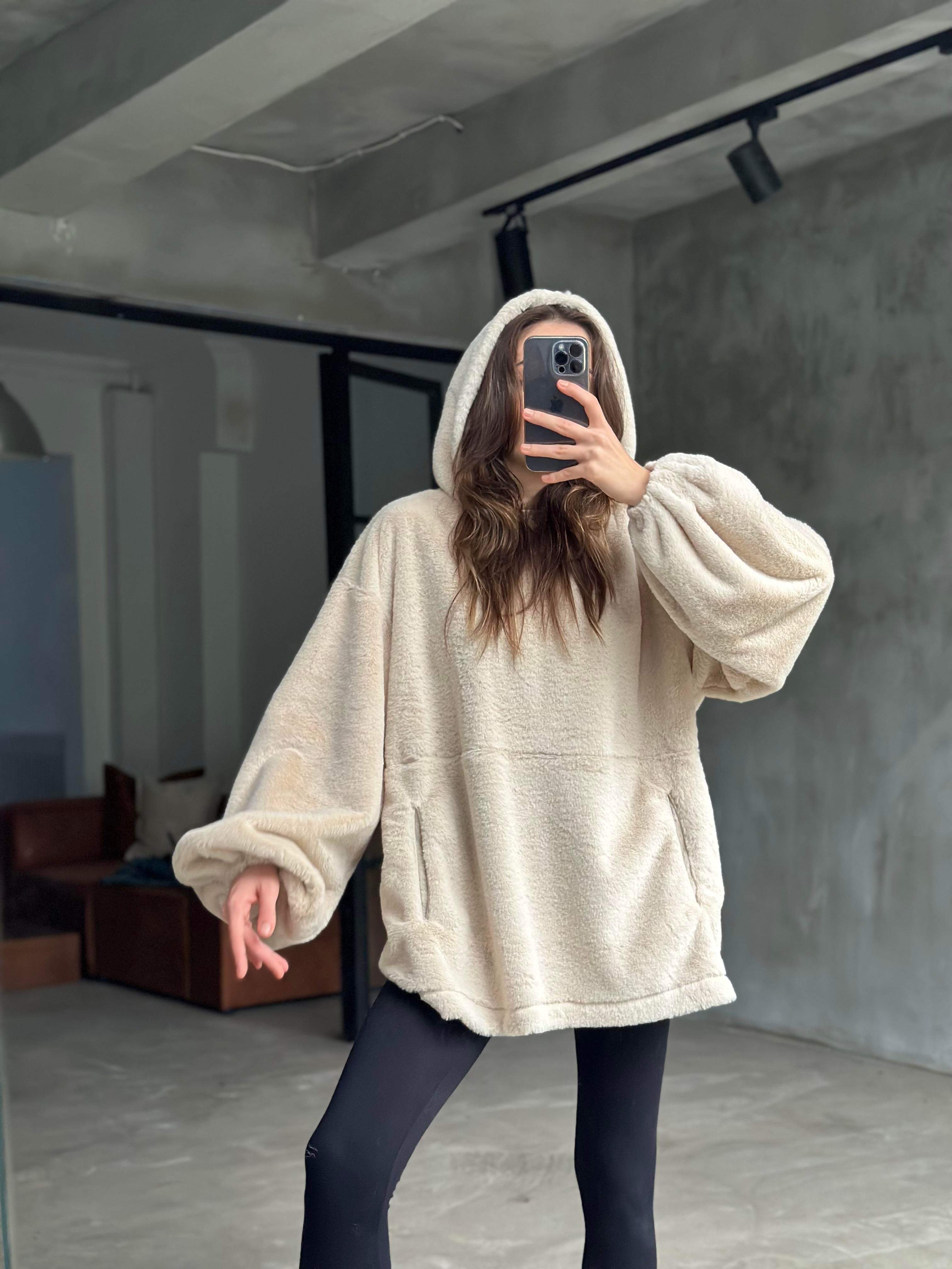 Teddy Peluş oversize Sweatshirt - Ekru - Dominatrend