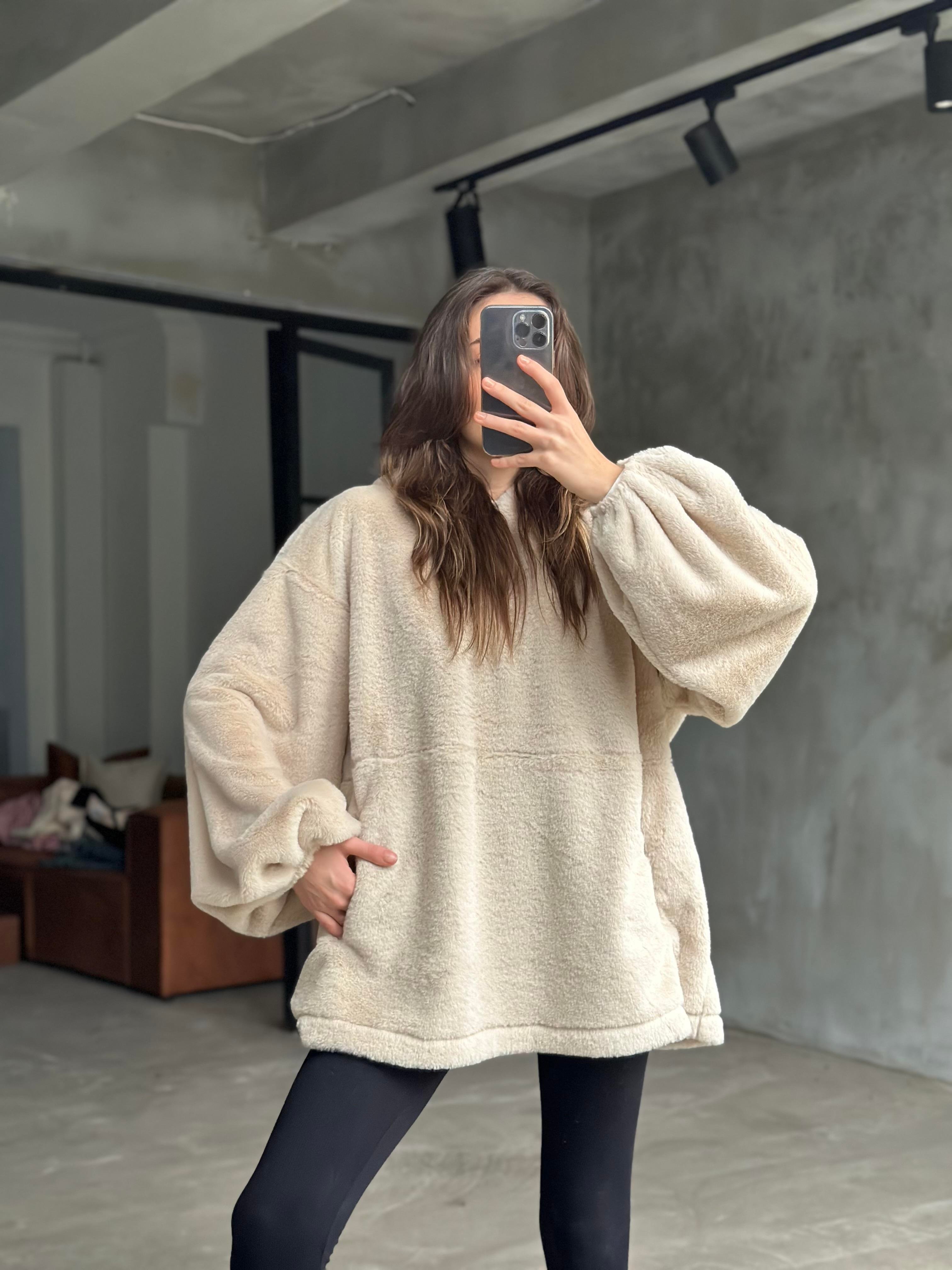 Teddy Peluş oversize Sweatshirt - Ekru - Dominatrend