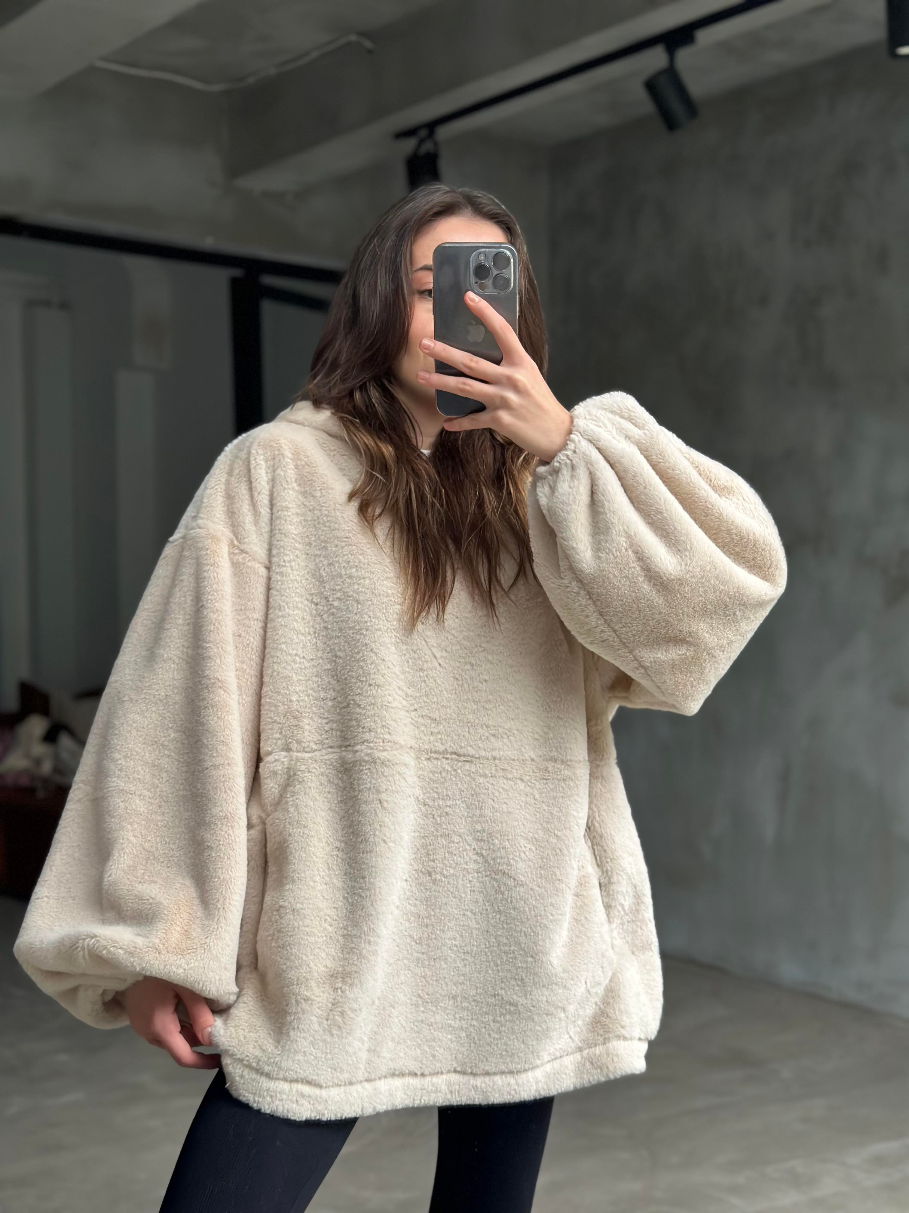 Teddy Peluş oversize Sweatshirt - Ekru - Dominatrend