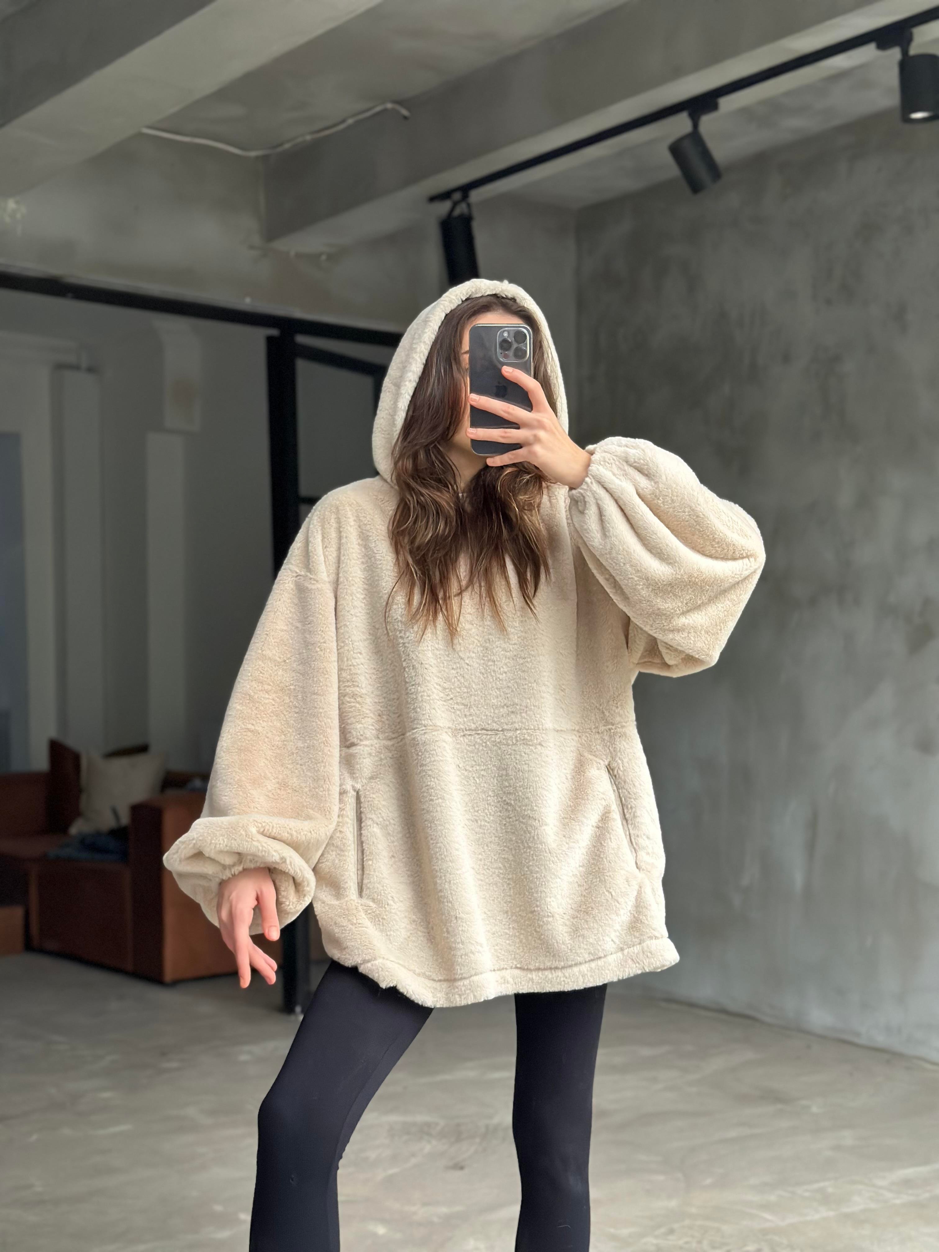 Teddy Peluş oversize Sweatshirt - Ekru - Dominatrend