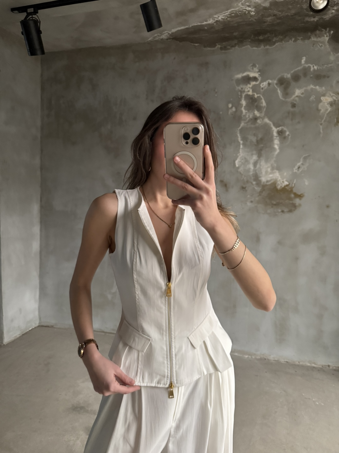 Tencel Çift Fermuarlı Yelekli Takım - Beyaz - Dominatrend