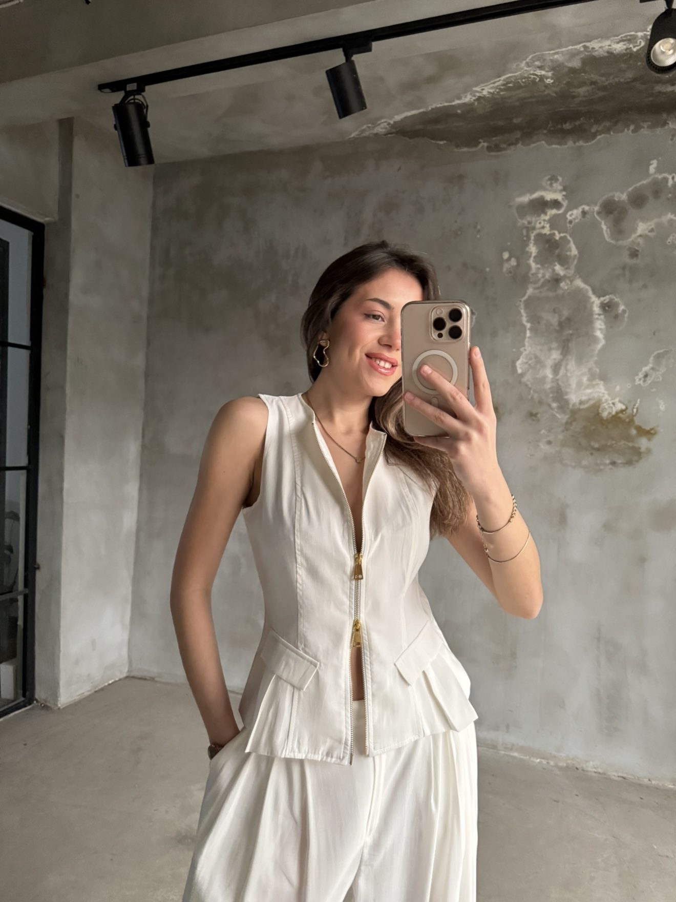 Tencel Çift Fermuarlı Yelekli Takım - Beyaz - Dominatrend