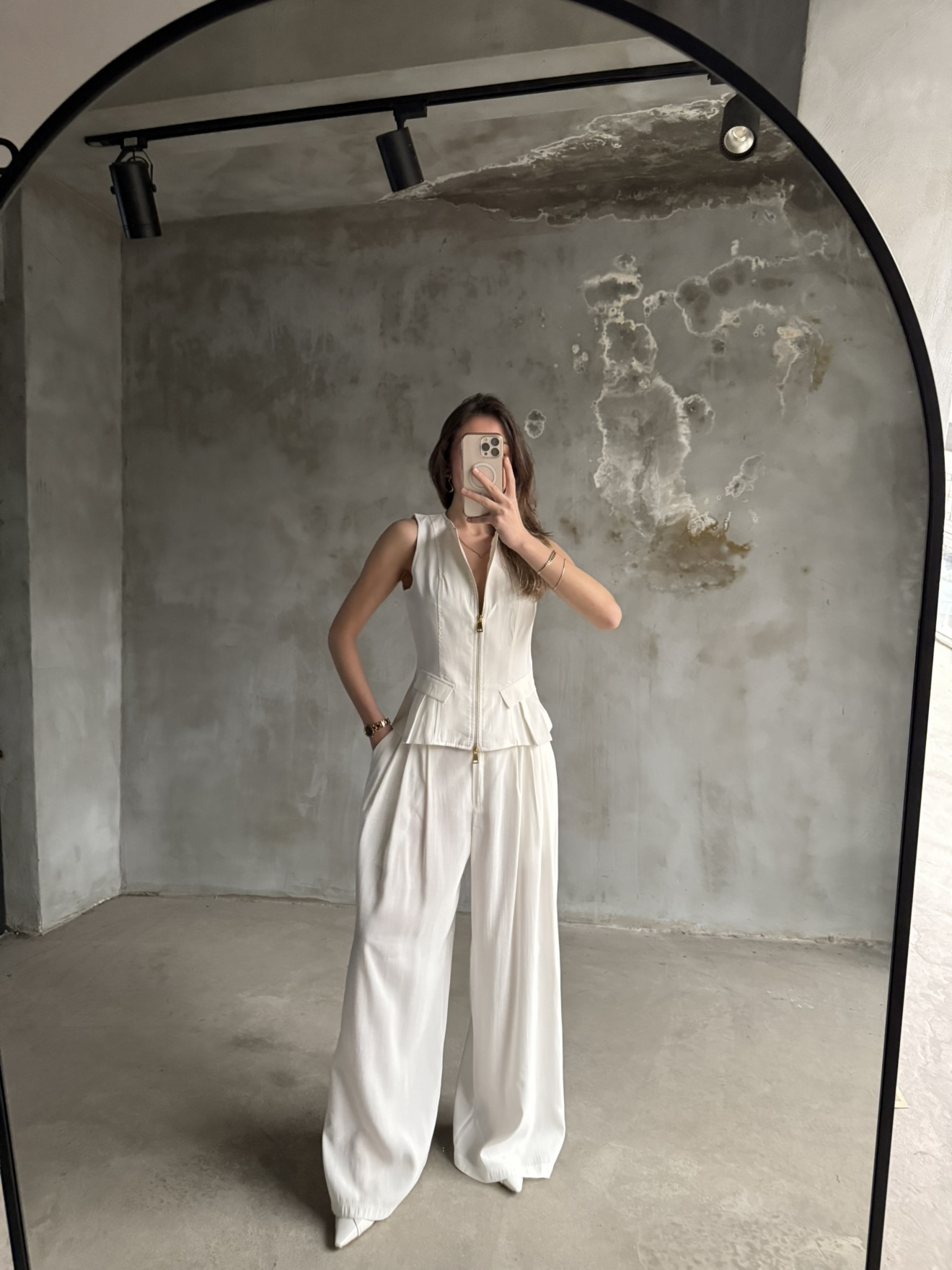 Tencel Çift Fermuarlı Yelekli Takım - Beyaz - Dominatrend