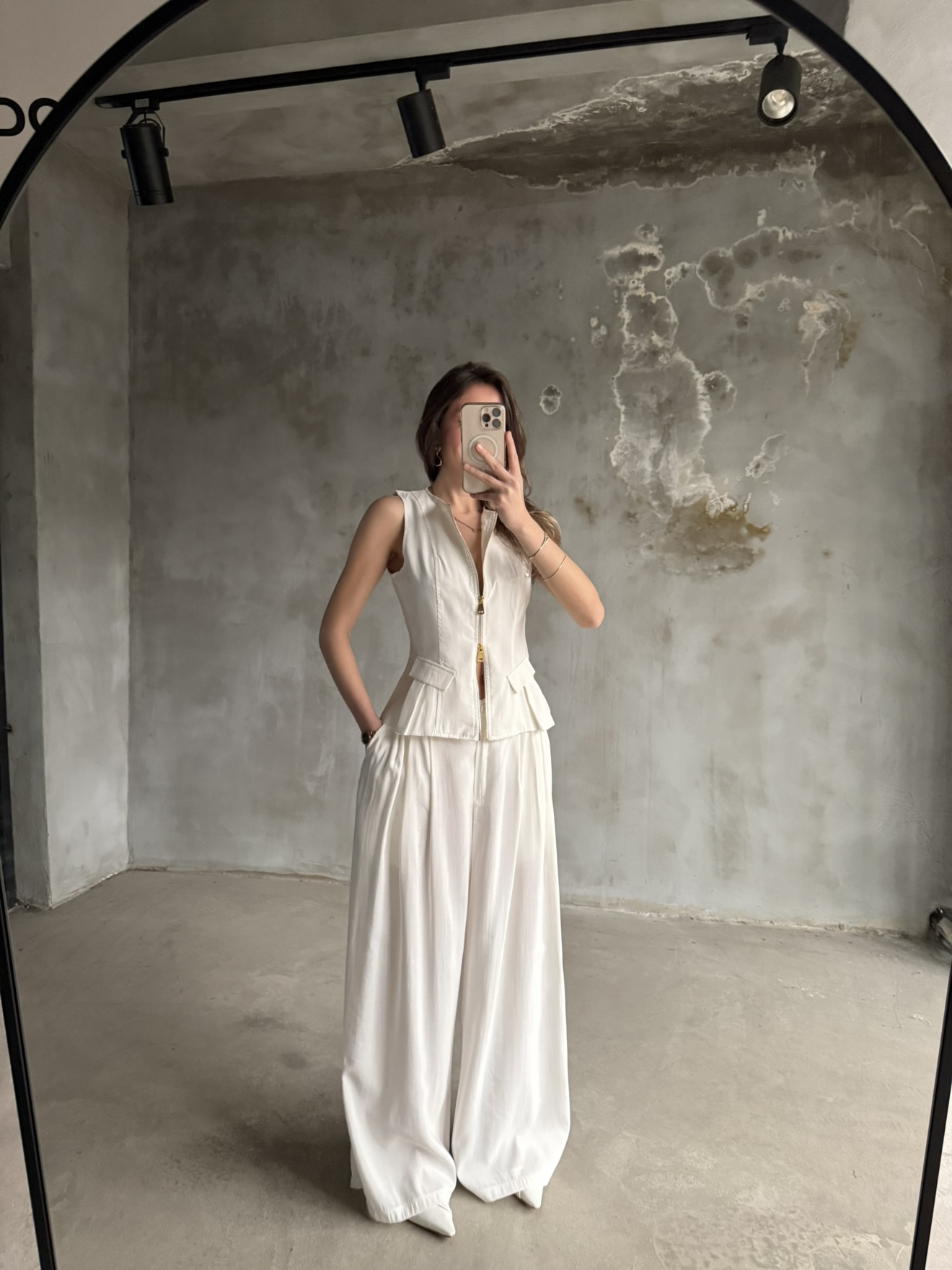 Tencel Çift Fermuarlı Yelekli Takım - Beyaz - Dominatrend