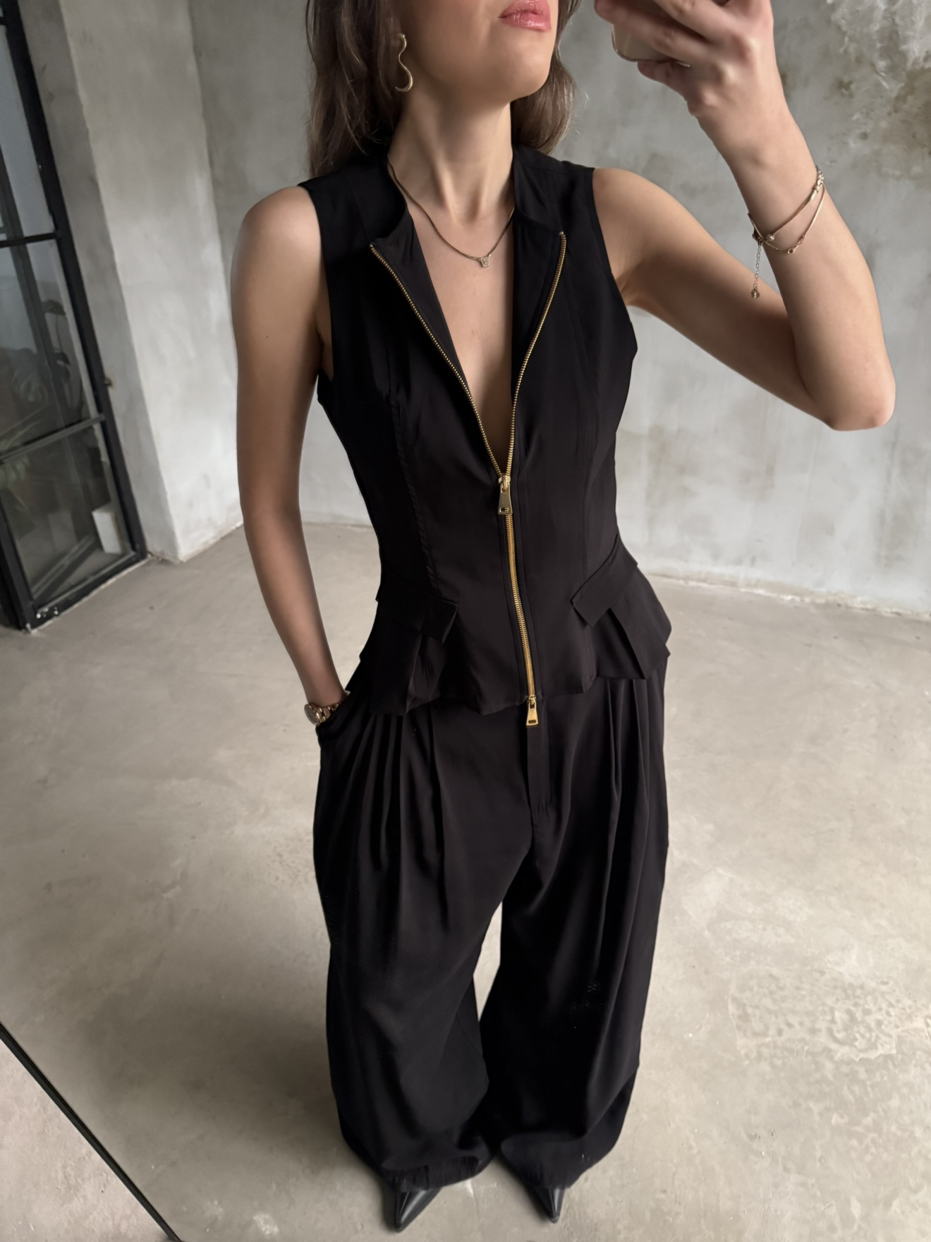 Tencel Çift Fermuarlı Yelekli Takım - Siyah - Dominatrend