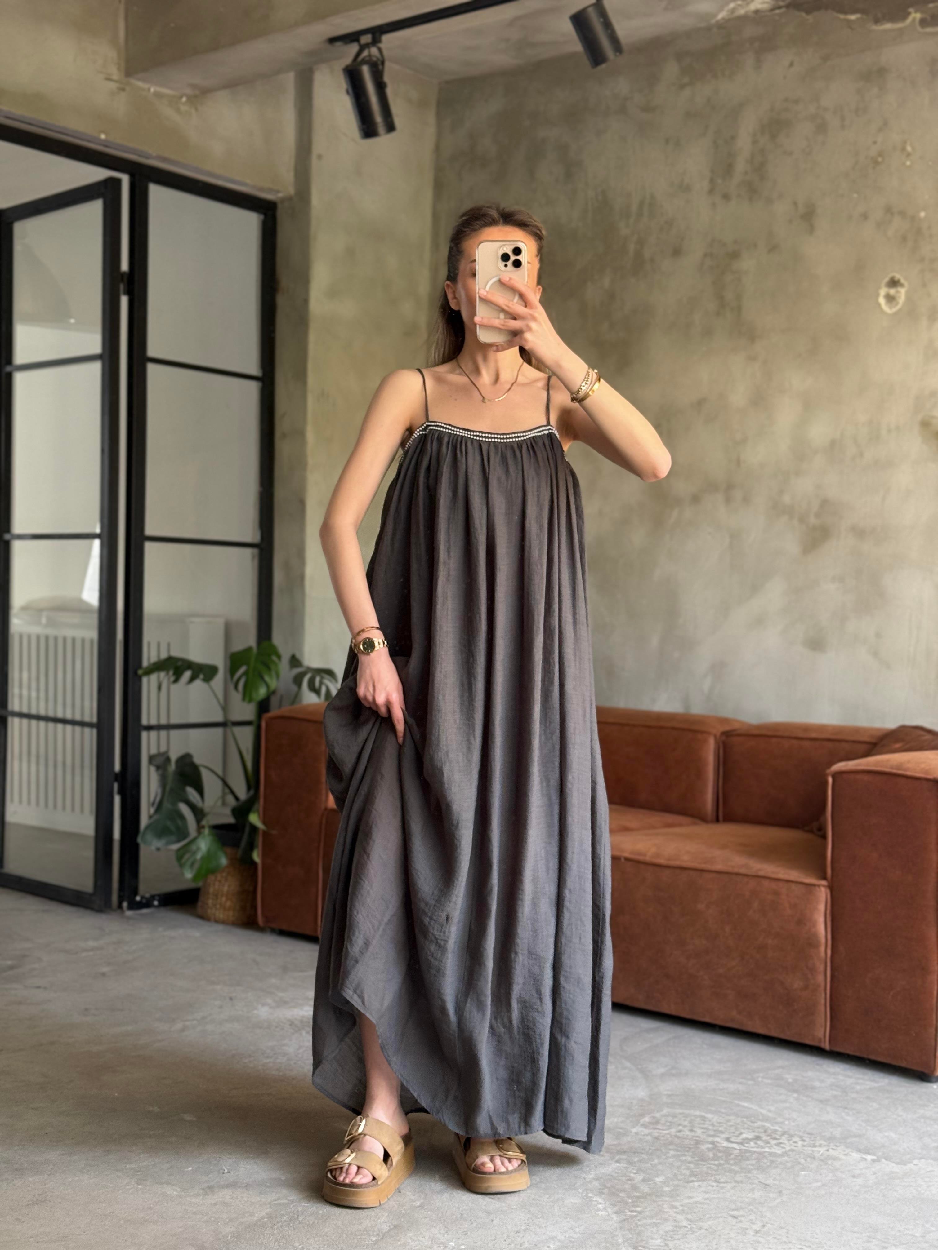 Tencel Modal Maxi Elbise - Füme - Dominatrend