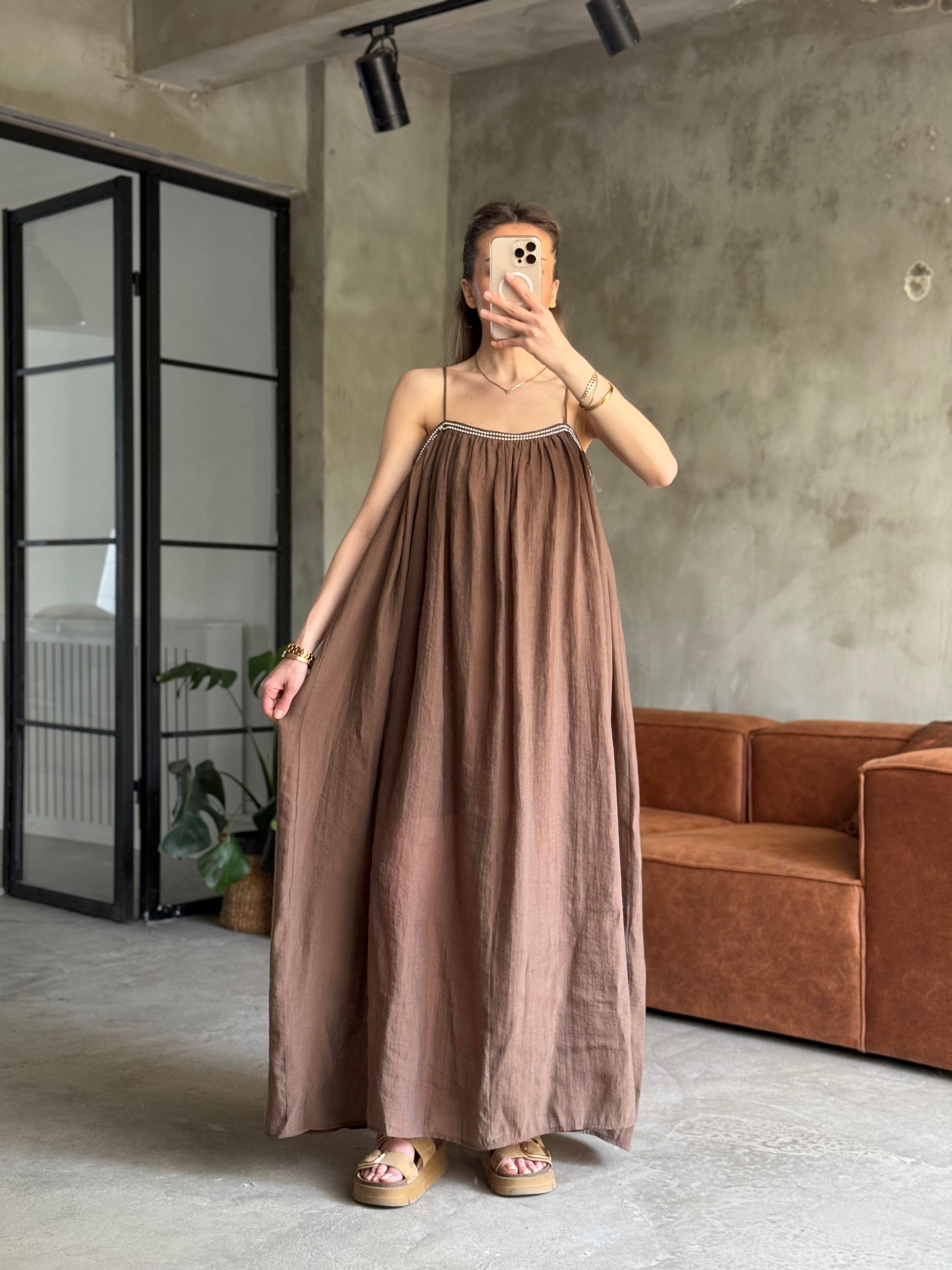 Tencel Modal Maxi Elbise - Kahverengi - Dominatrend