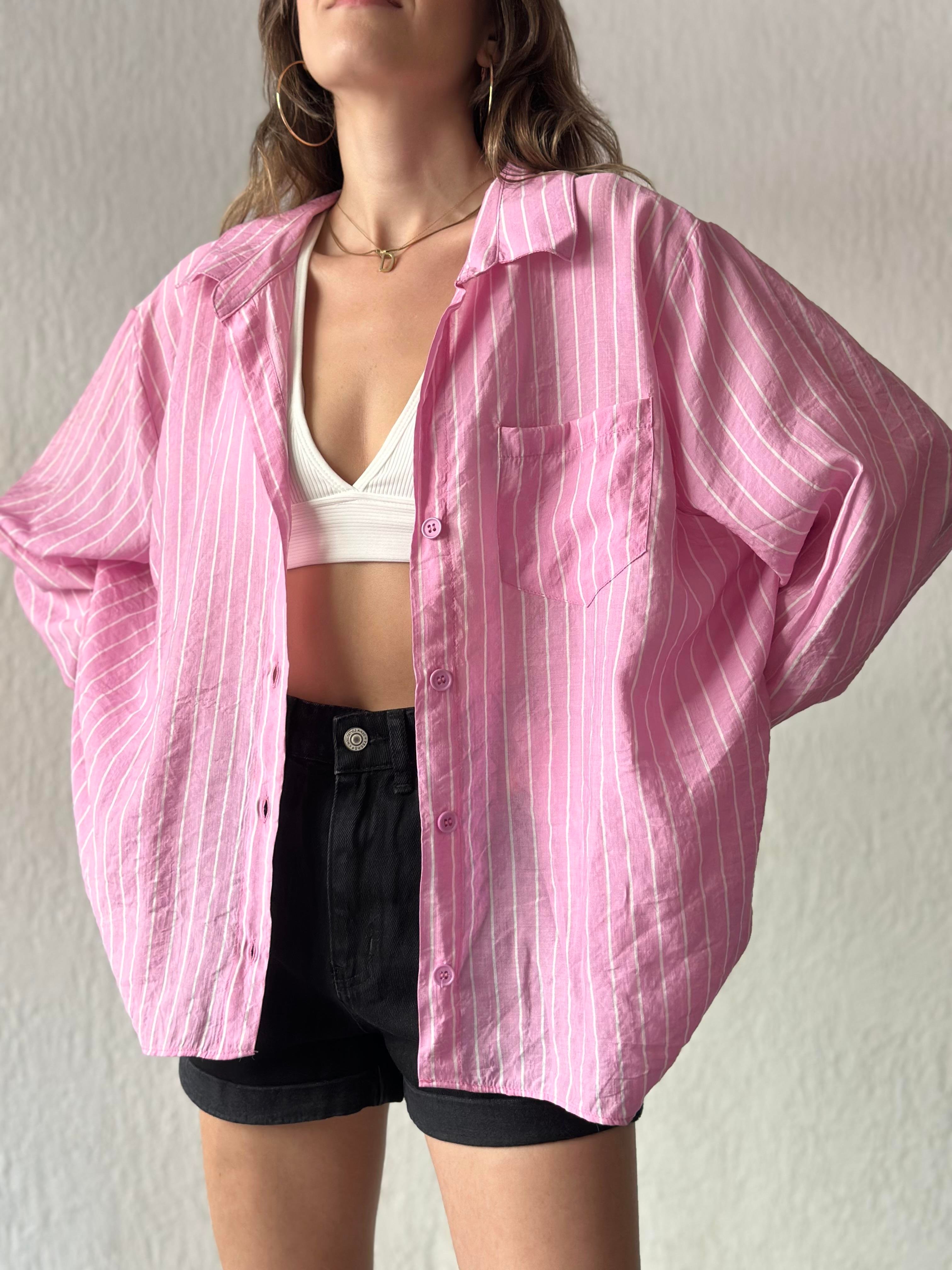 Tensel Oversize Çizgili Gömlek - Pembe - Dominatrend