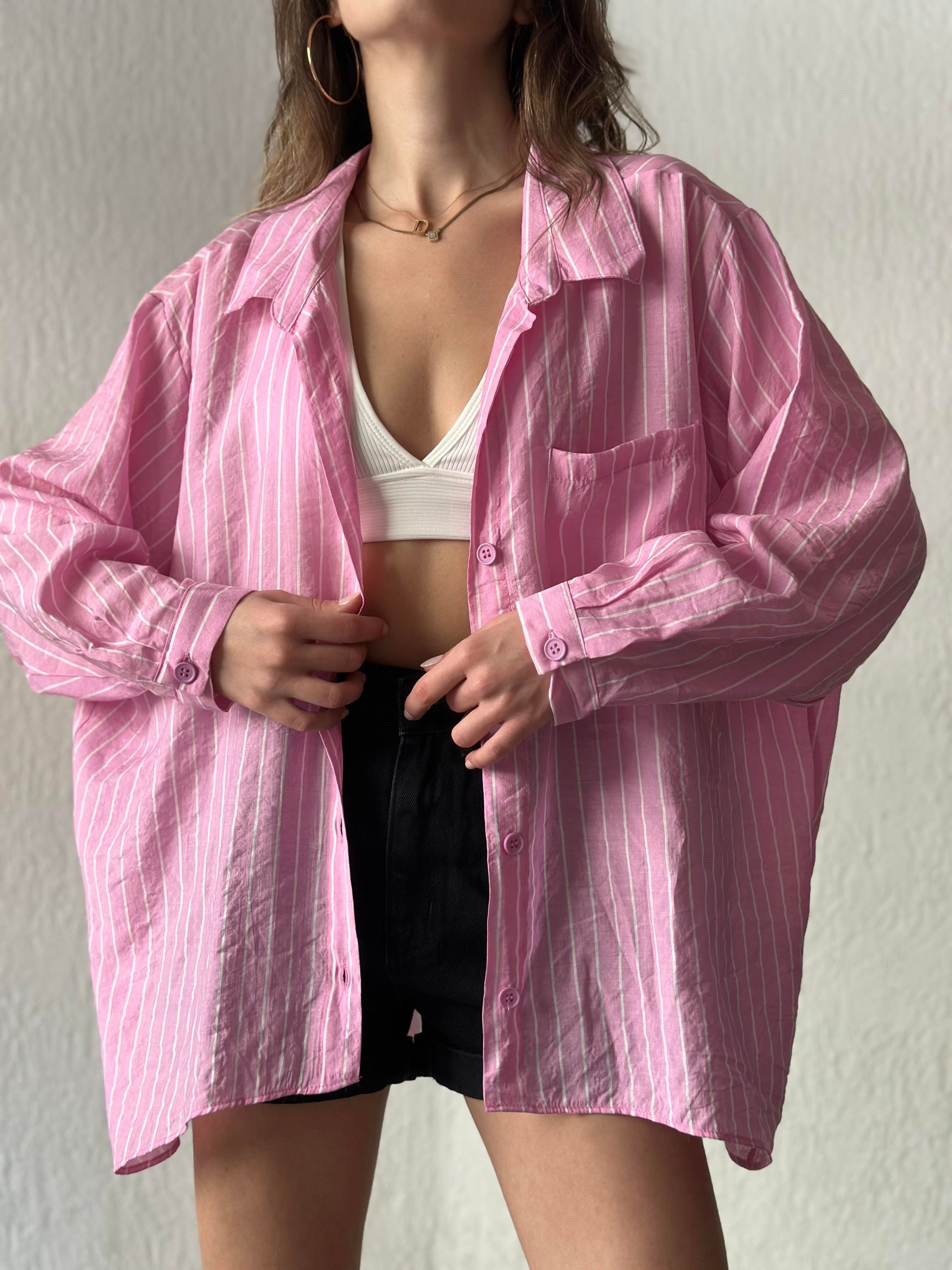 Tensel Oversize Çizgili Gömlek - Pembe - Dominatrend