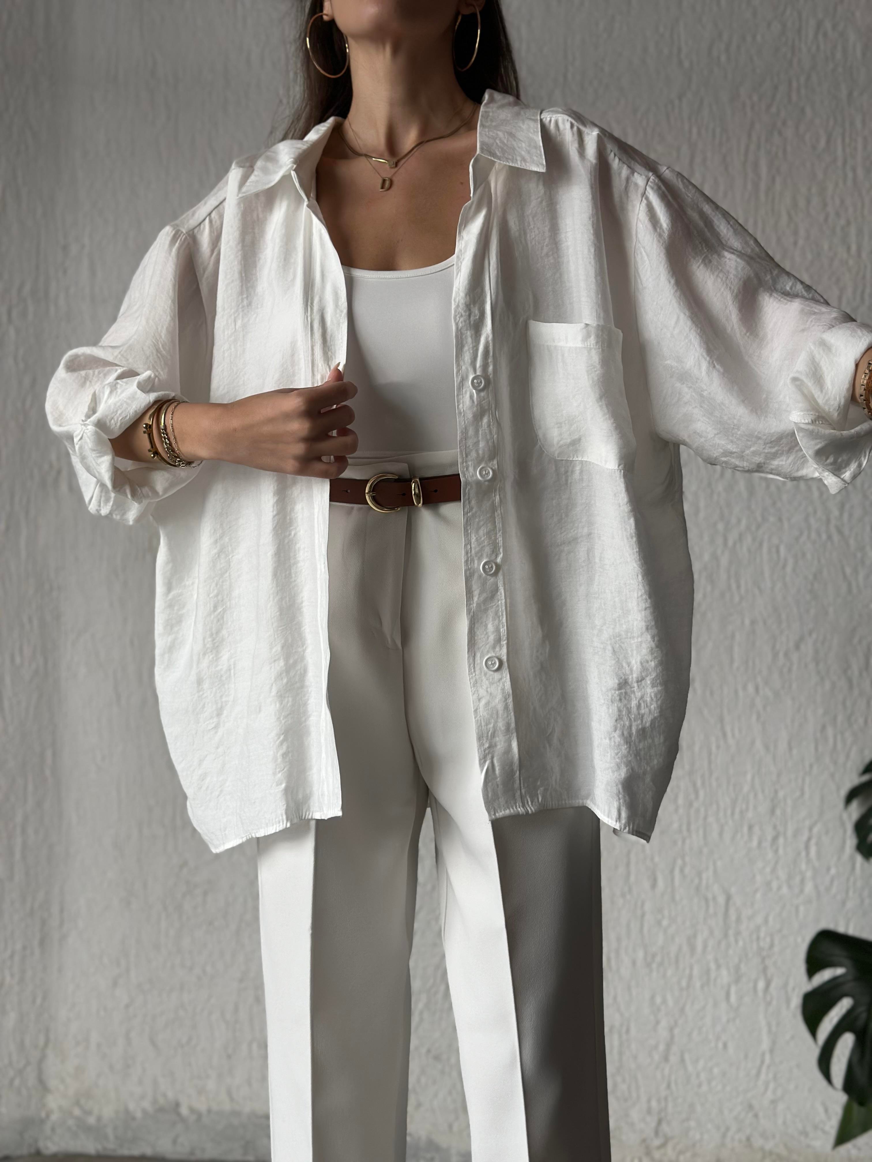 Tensel Oversize Gömlek - Beyaz - Dominatrend