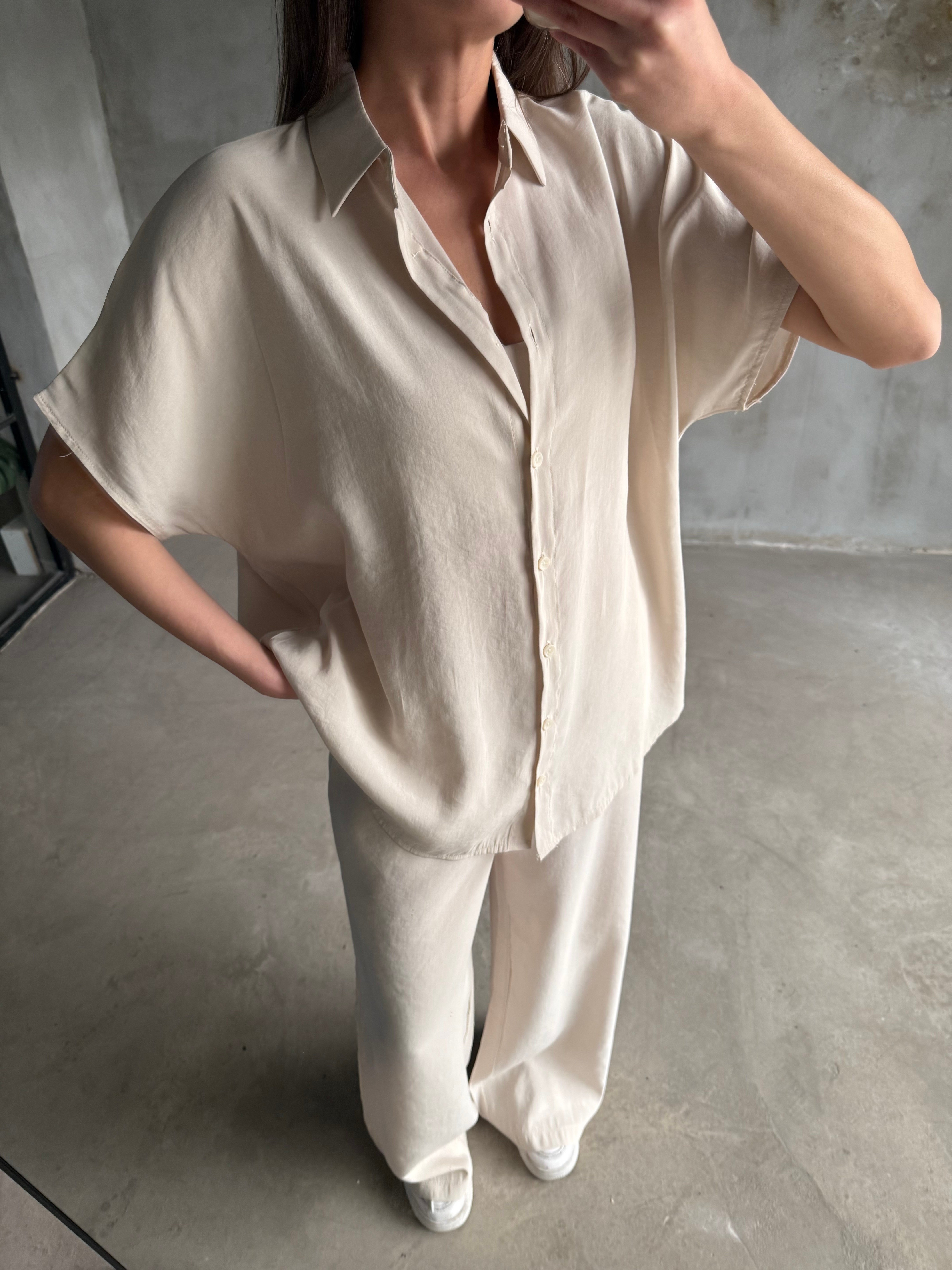 Tensel Oversize Kısa Kollu Takım - Krem - Dominatrend