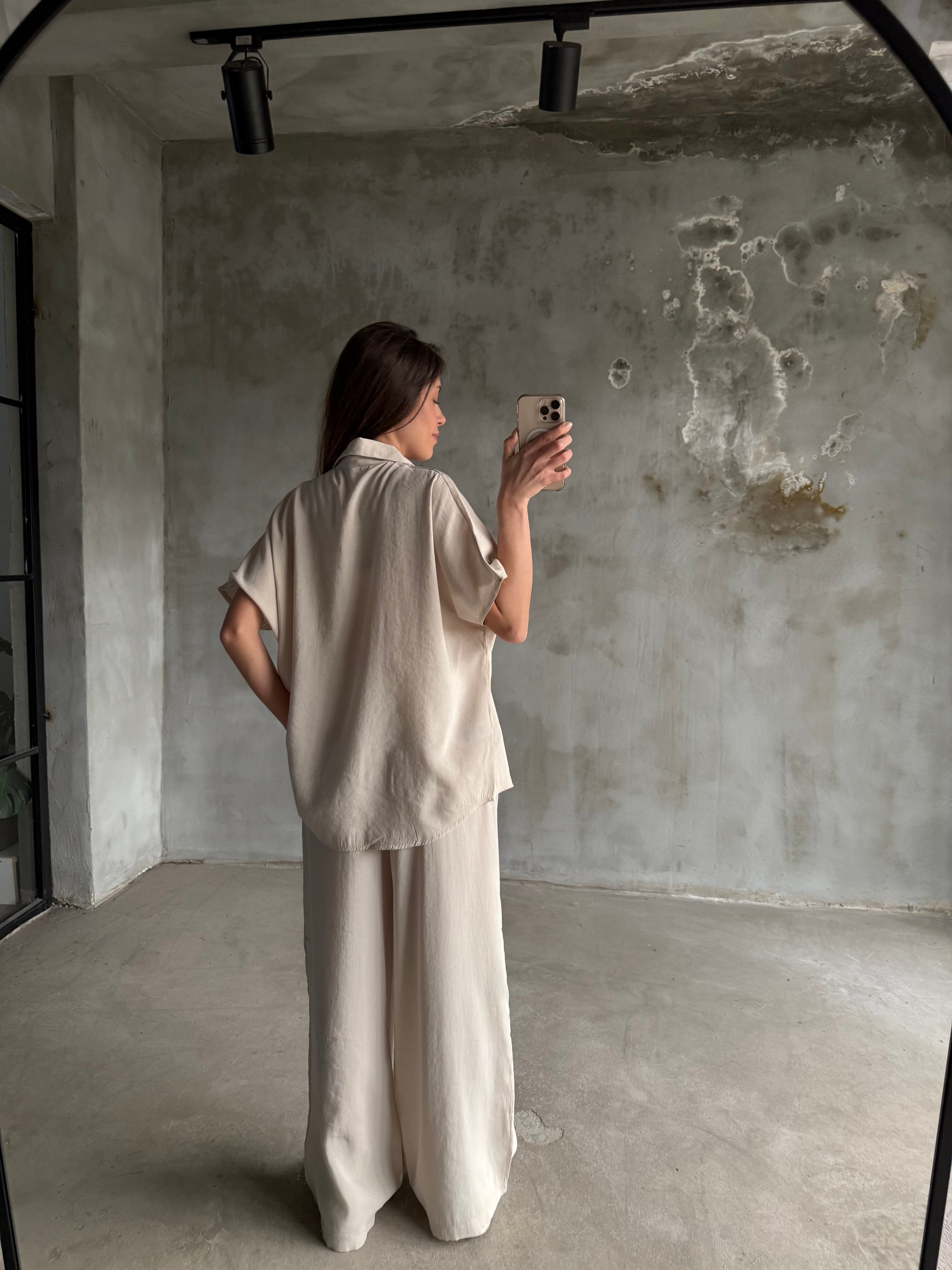 Tensel Oversize Kısa Kollu Takım - Krem - Dominatrend