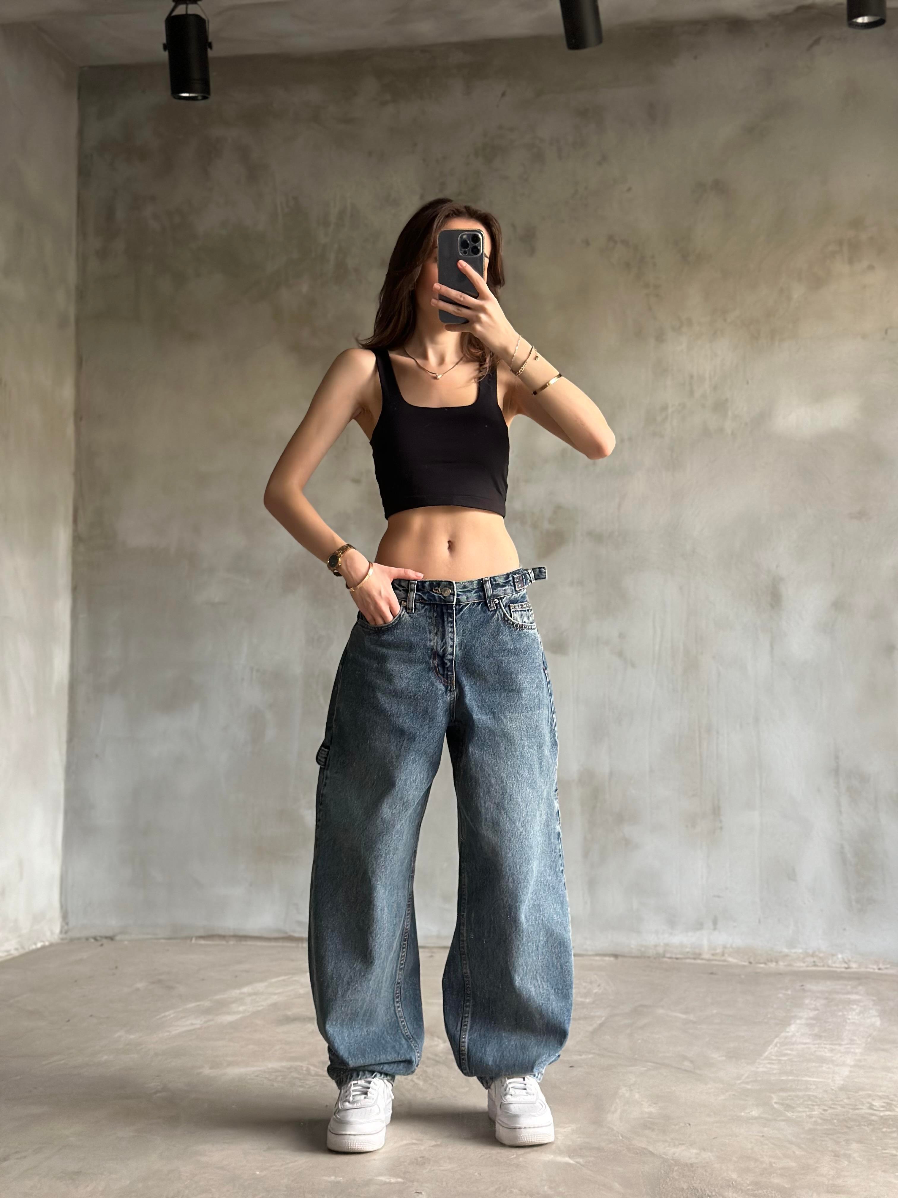 Tokalı Kargo Baggy Jean - Mavi - Dominatrend