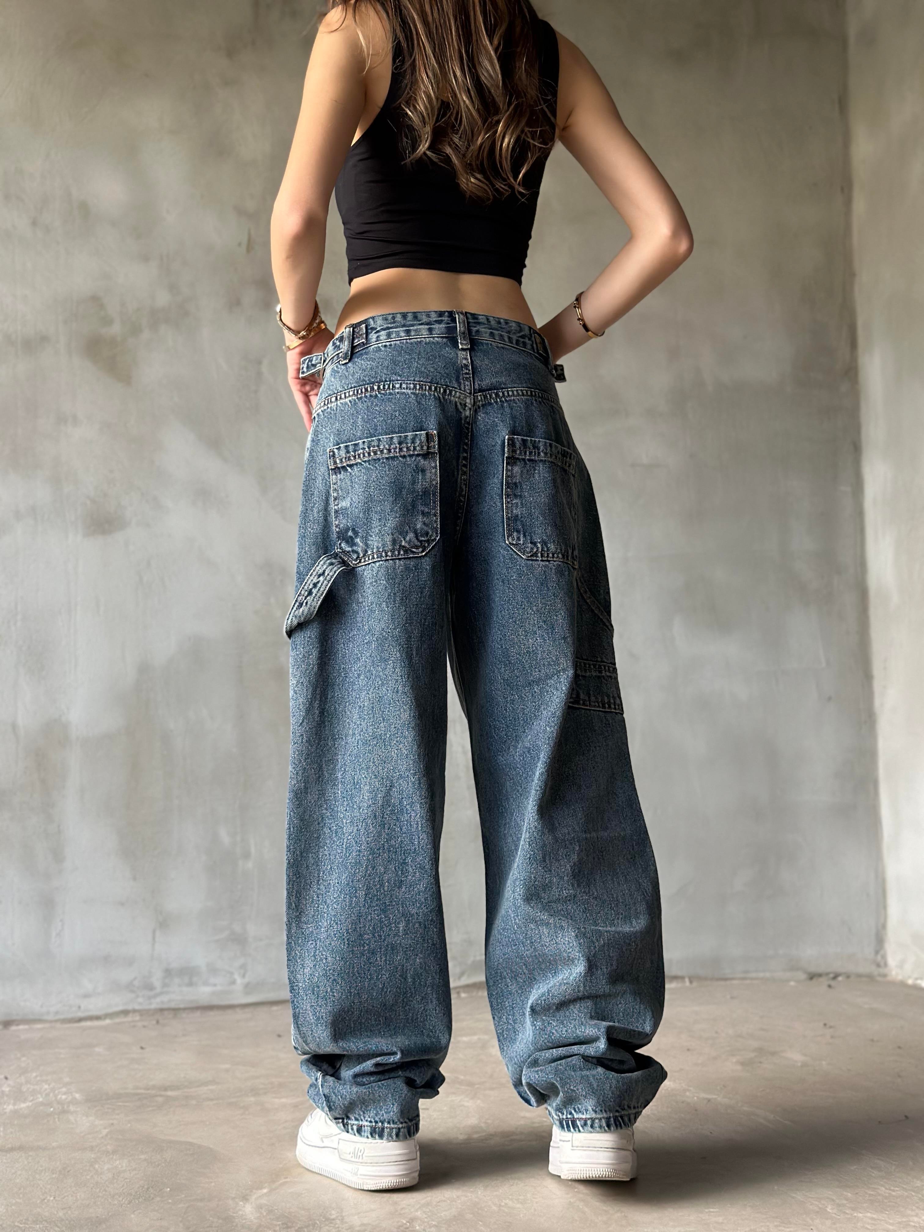 Tokalı Kargo Baggy Jean - Mavi - Dominatrend