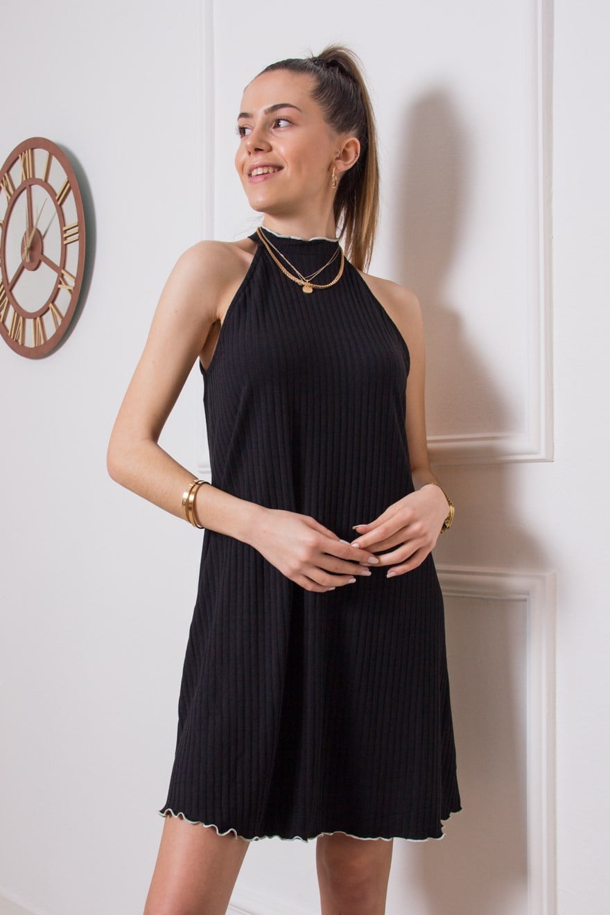 Trend Çizgili Elbise - Siyah - Dominatrend