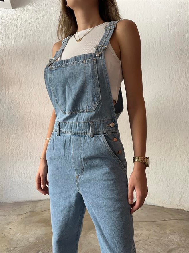 Trend Önü Cepli Mom Denim Tulum - Mavi - Dominatrend