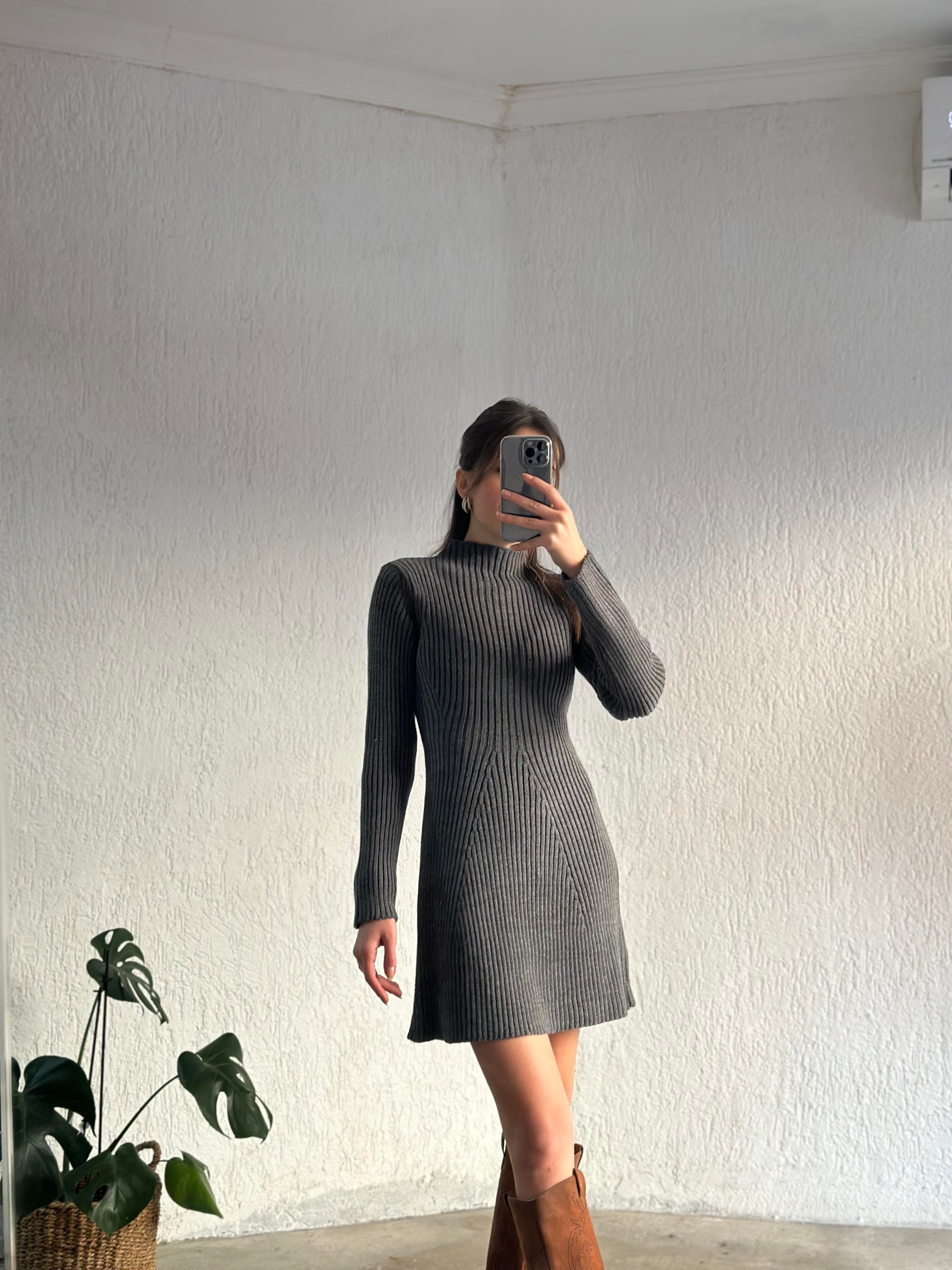 Triko Elbise - Antrasit - Dominatrend