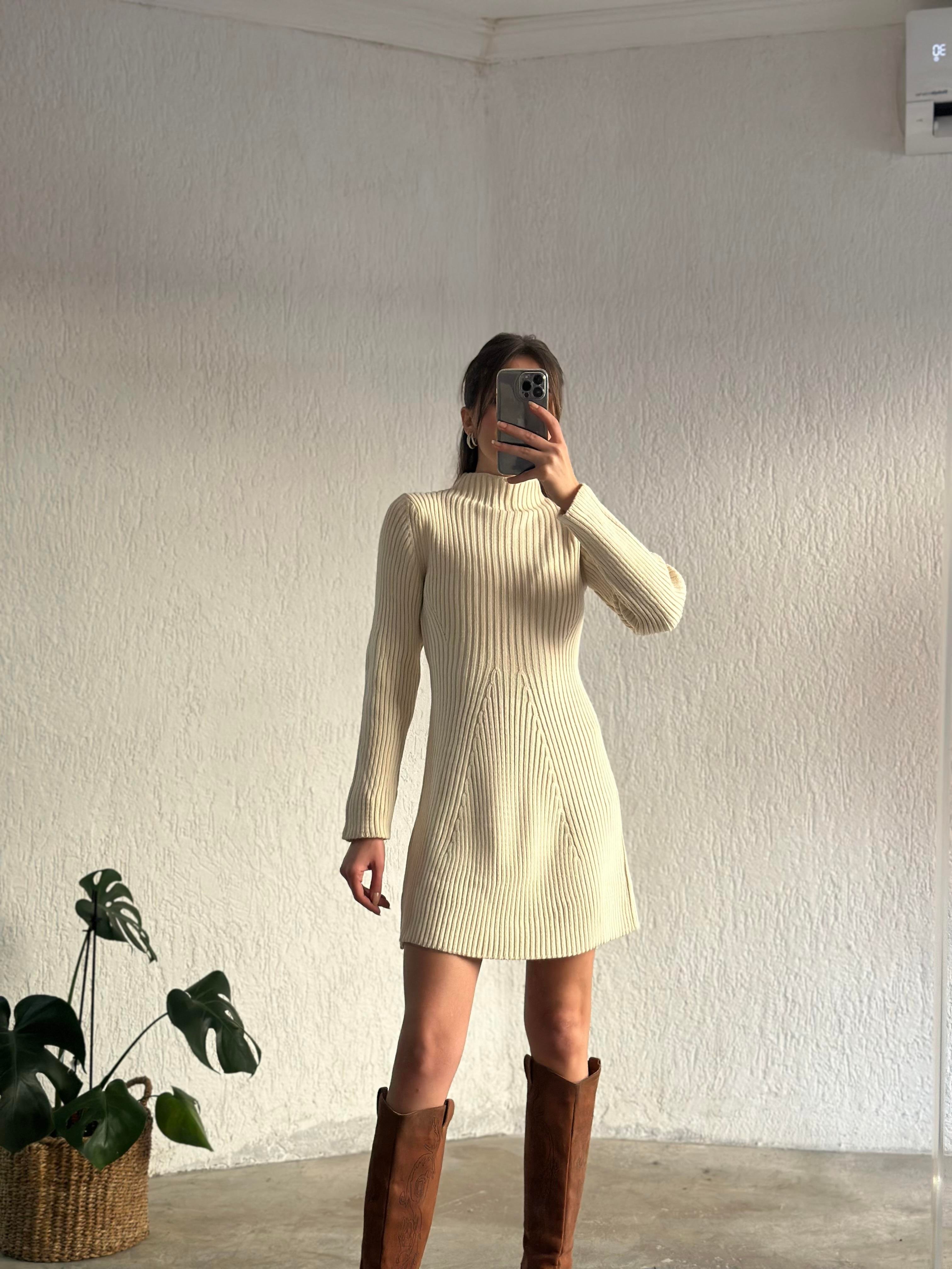 Triko Elbise - Bej - Dominatrend
