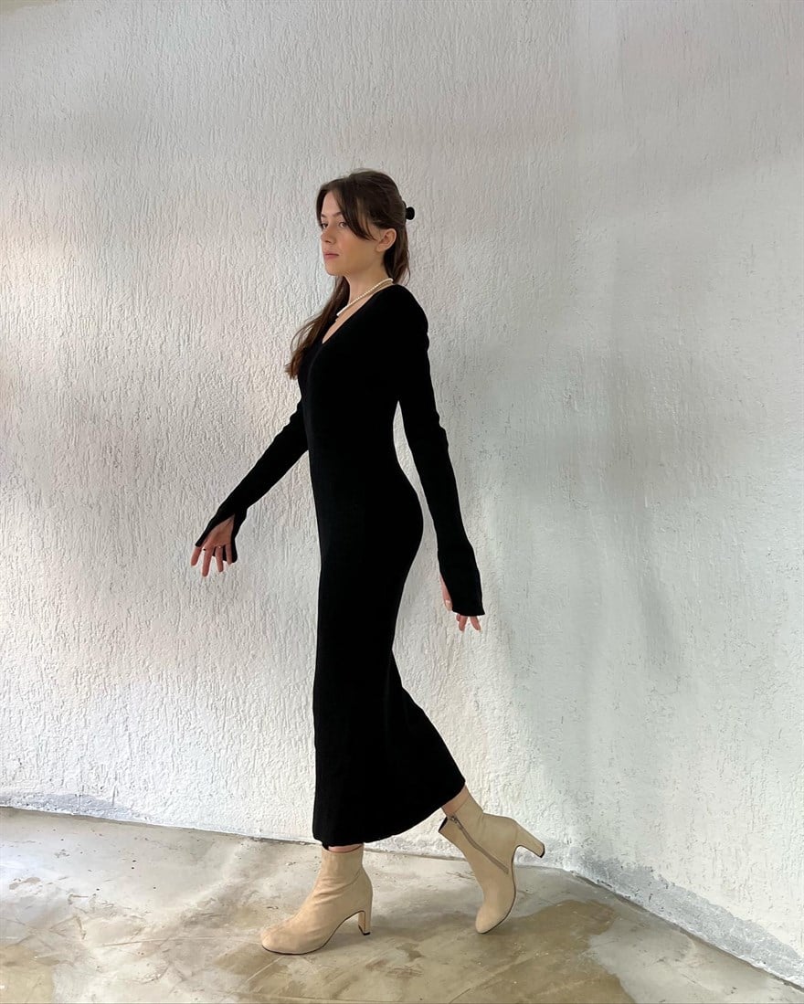 Triko Maxi Elbise - Siyah - Dominatrend
