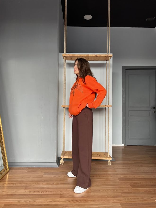 Turuncu Sweatshirt Kahverengi Eşofman Altı Takım - Dominatrend