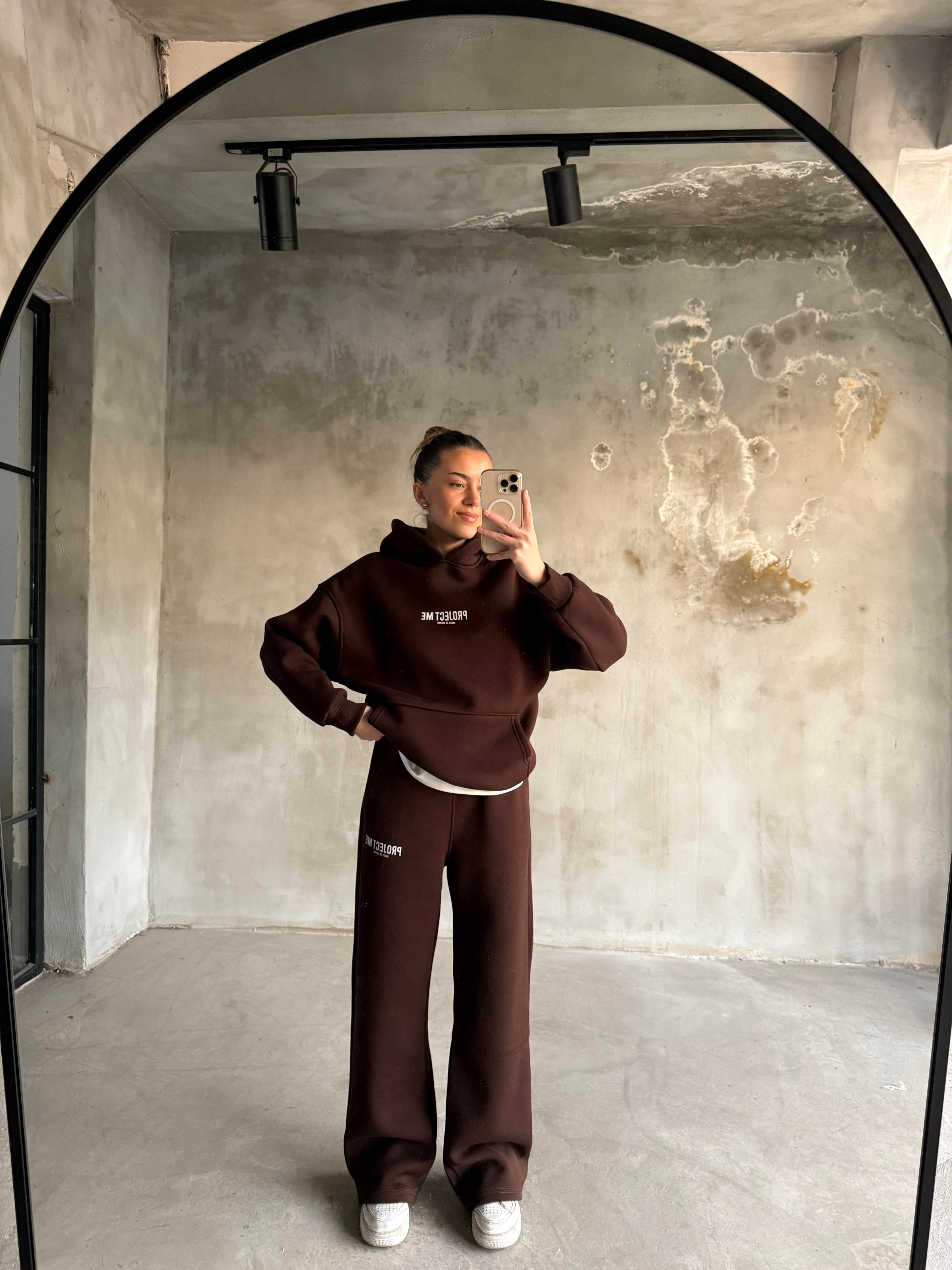 Unisex Oversize Tipografik Eşofman Takımı - Kaverengi - Dominatrend