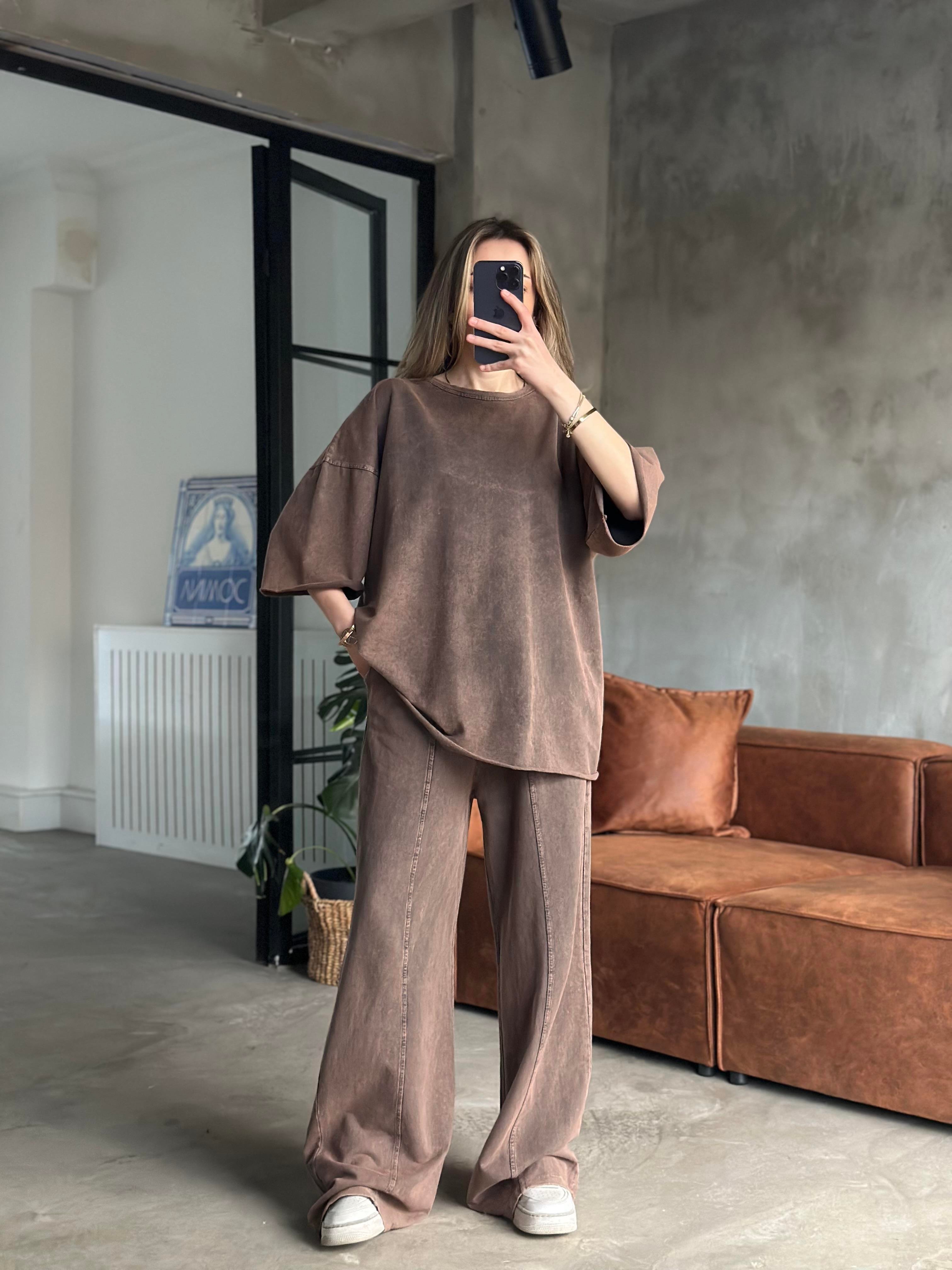 Unisex Yıkamalı Oversize Kısa Kollu Takım - Kahverengi - Dominatrend