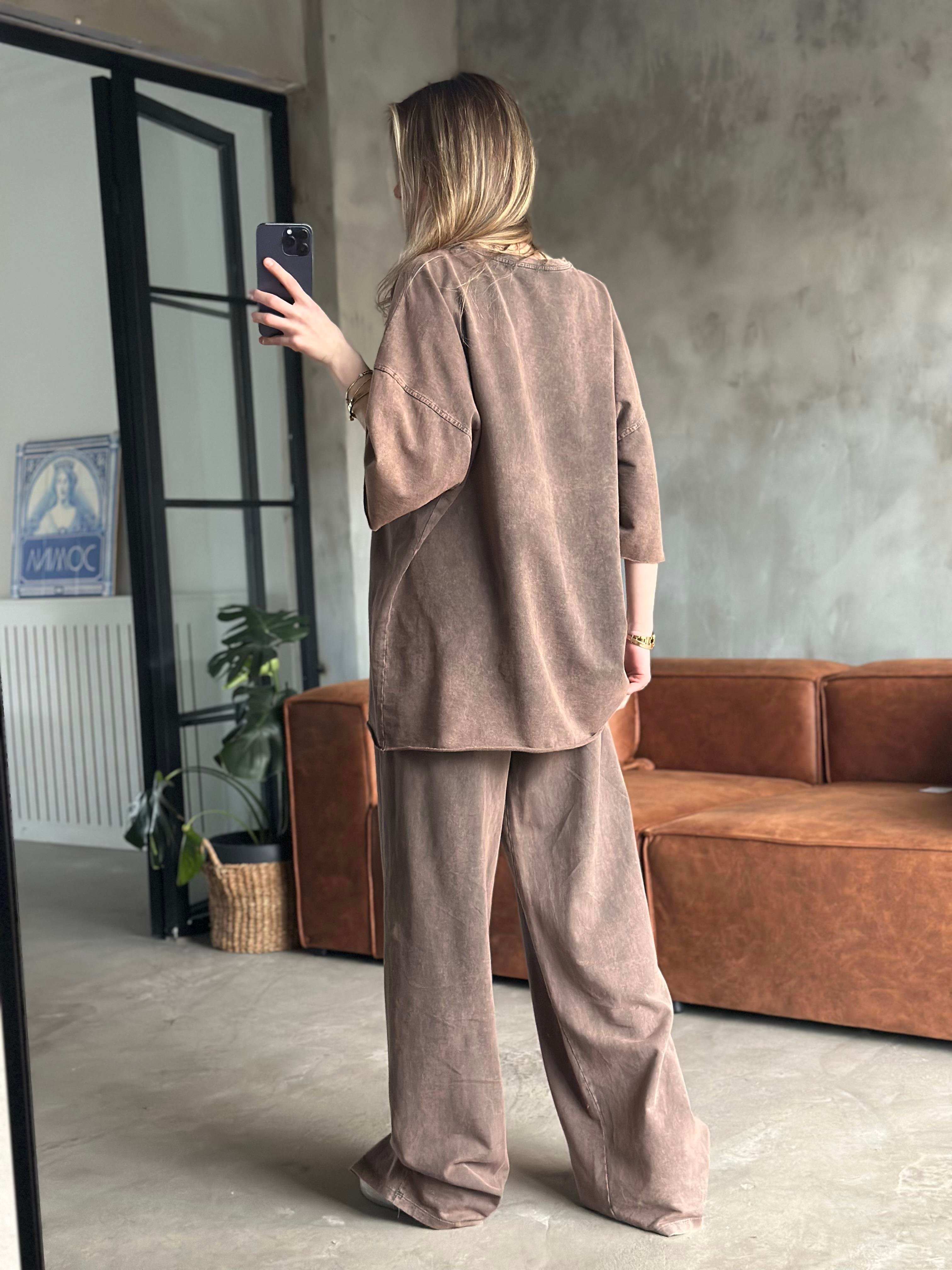 Unisex Yıkamalı Oversize Kısa Kollu Takım - Kahverengi - Dominatrend