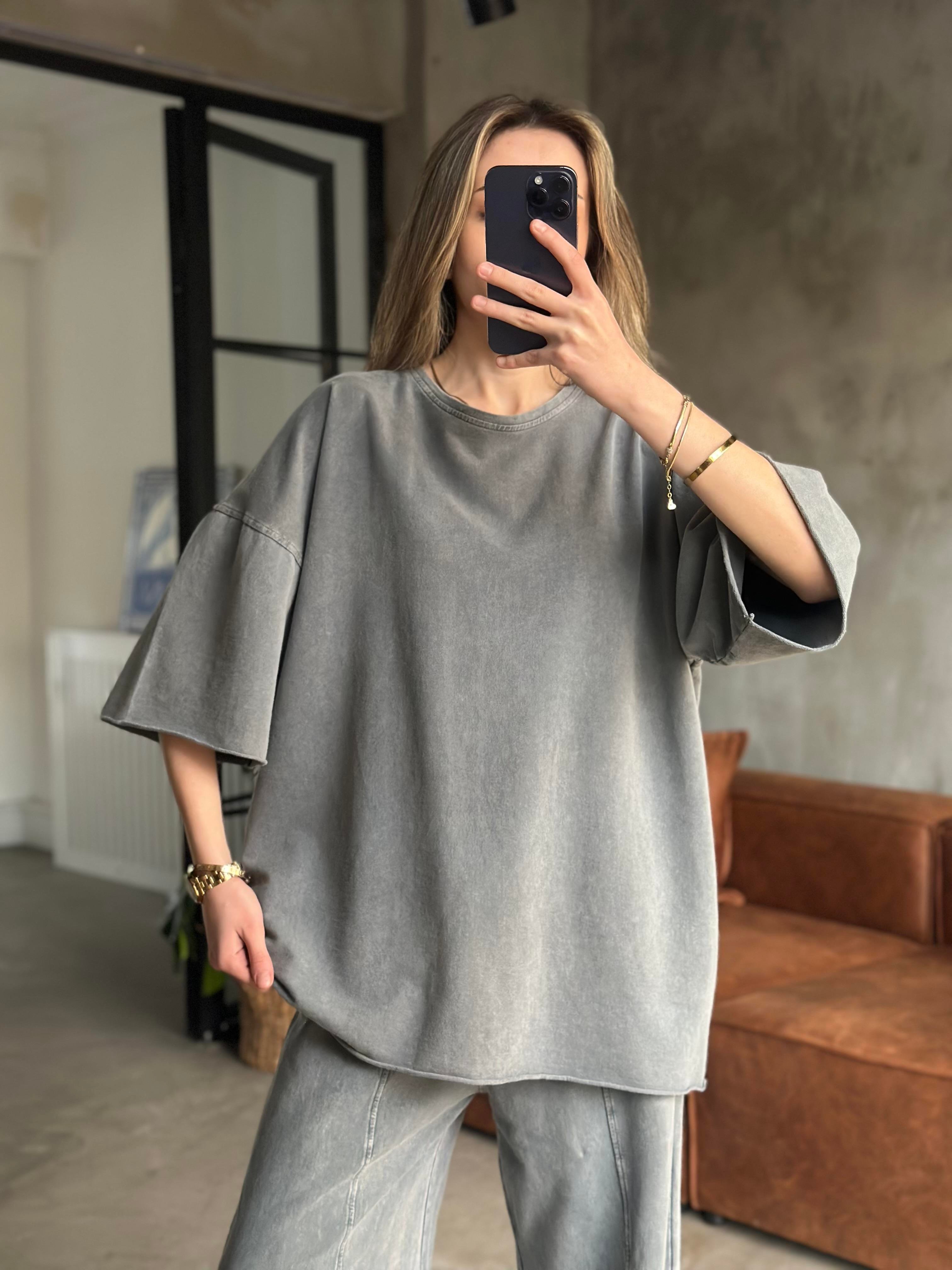 Unisex Yıkamalı Oversize Kısa Kollu Takım - Gri - Dominatrend