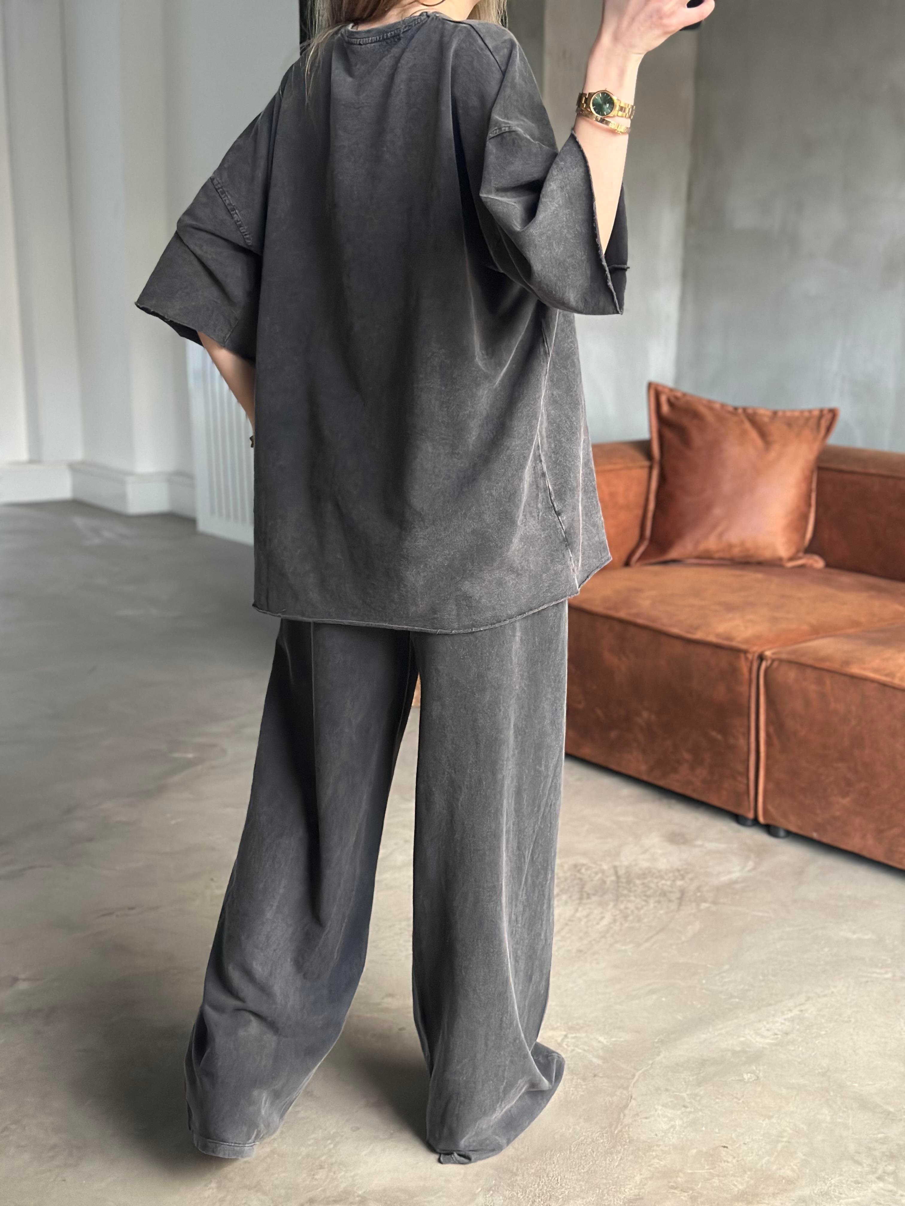 Unisex Yıkamalı Oversize Kısa Kollu Takım - Siyah - Dominatrend