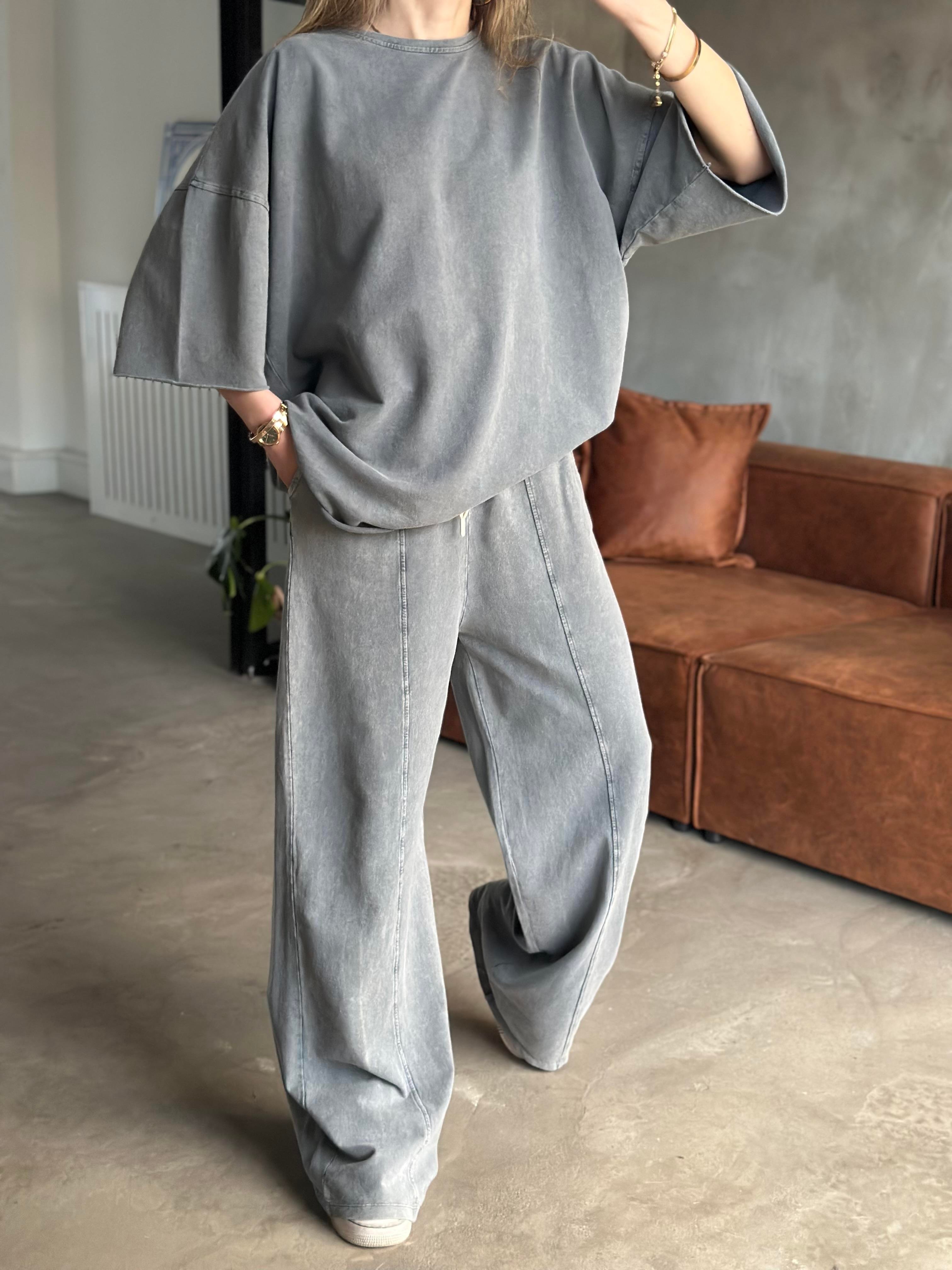 Unisex Yıkamalı Oversize Kısa Kollu Takım - Gri - Dominatrend