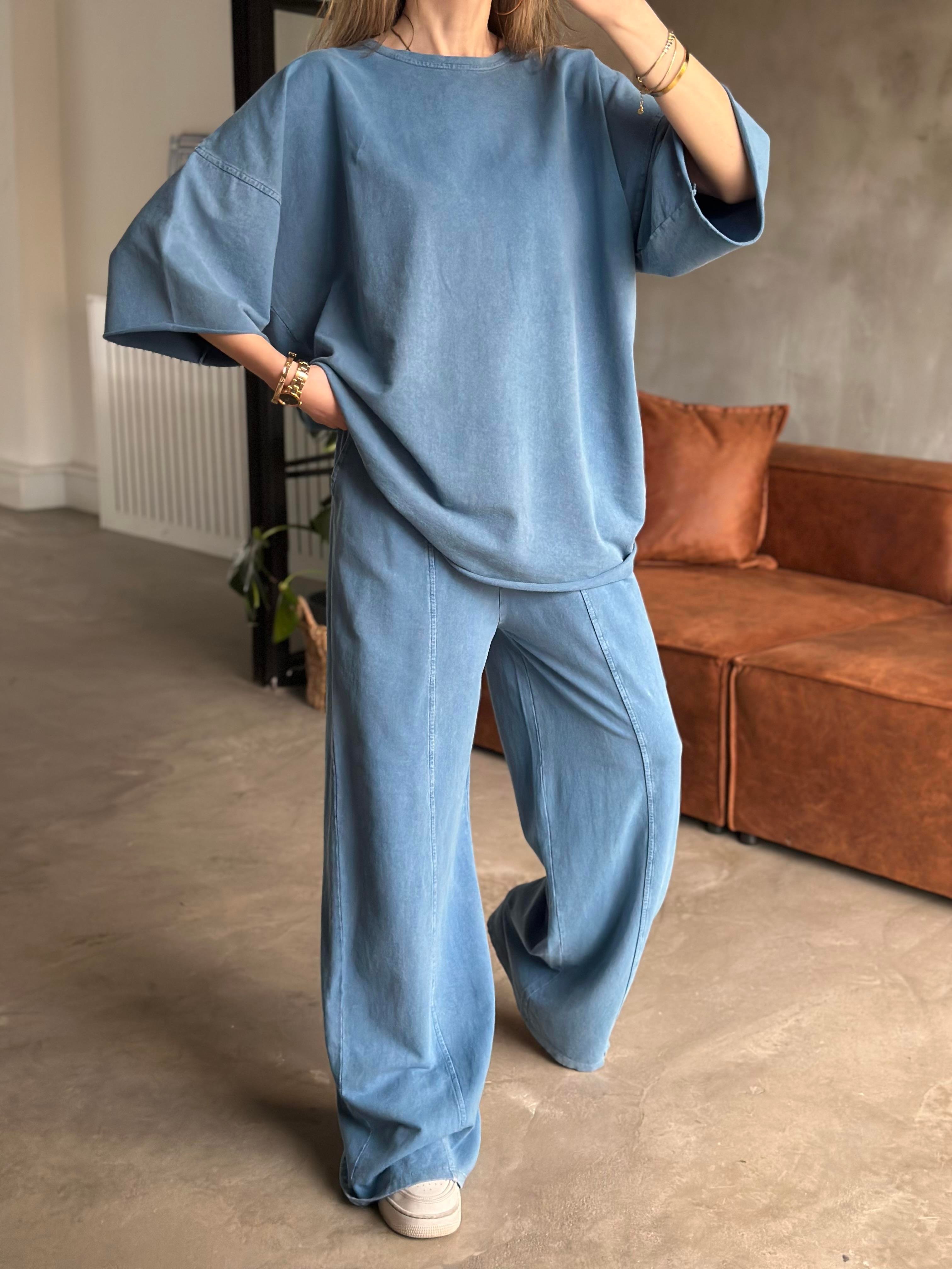 Unisex Yıkamalı Oversize Kısa Kollu Takım - Mavi - Dominatrend