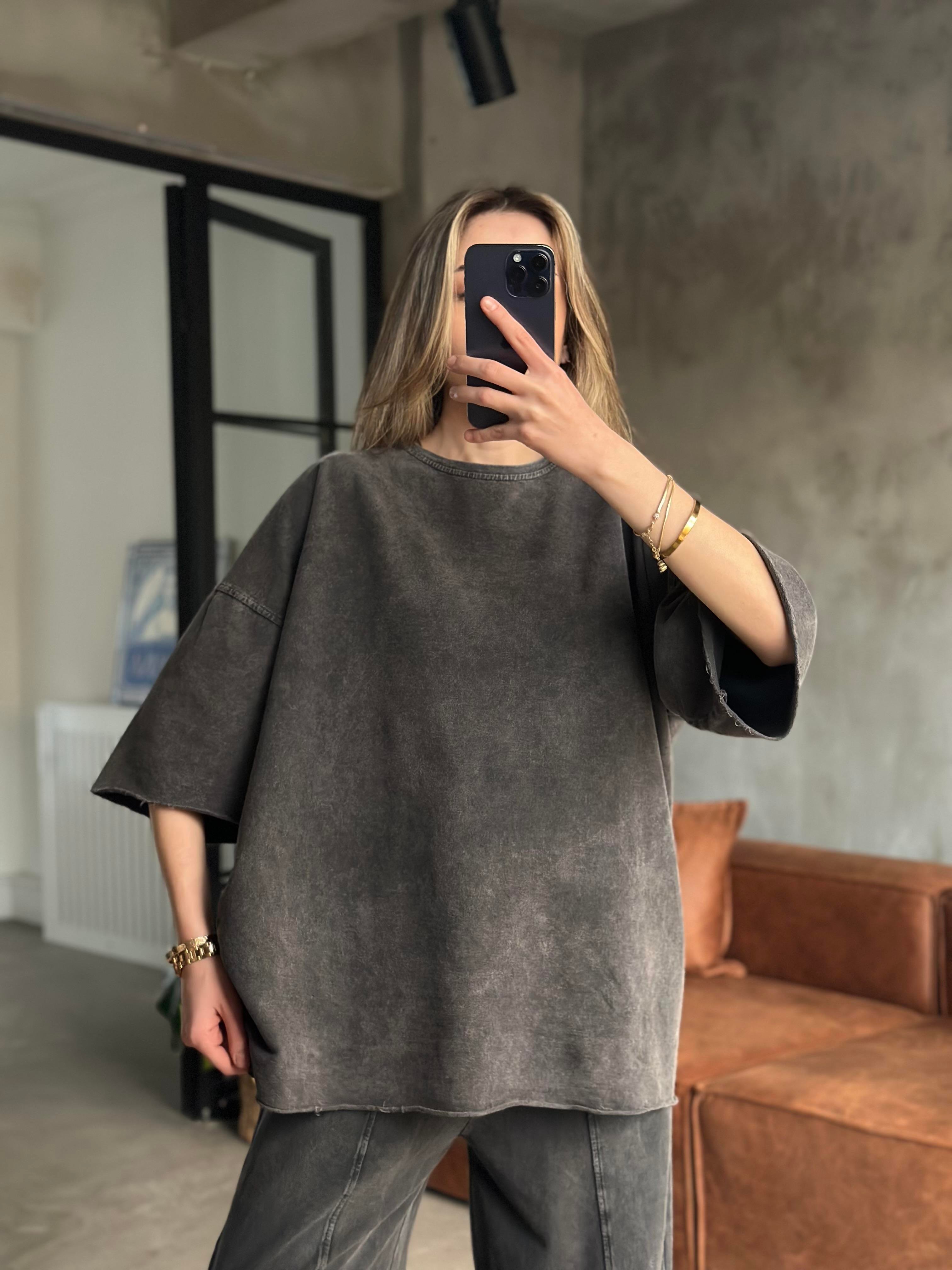 Unisex Yıkamalı Oversize Kısa Kollu Takım - Siyah - Dominatrend
