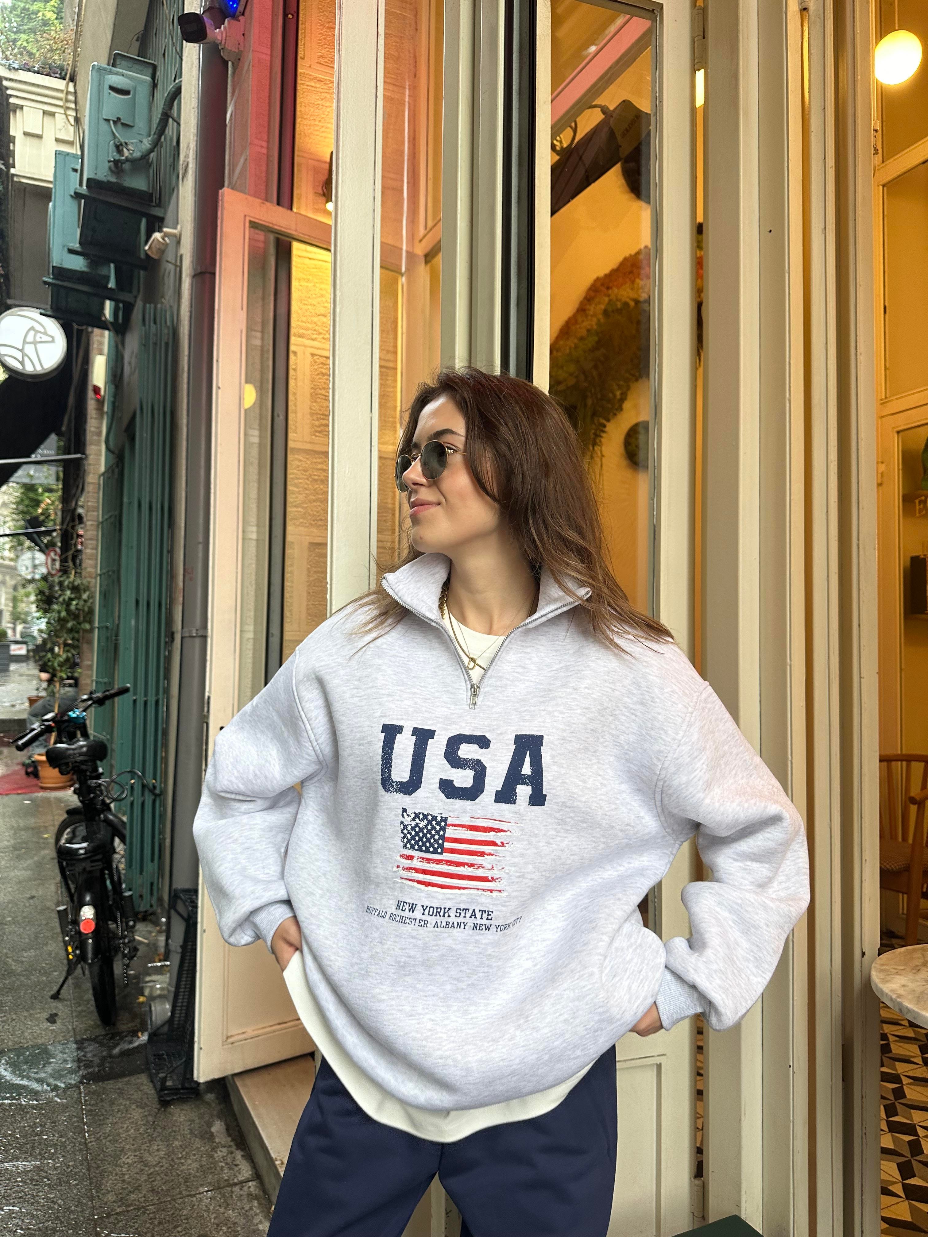 USA Oversize Sweatshirt - Gri - Dominatrend
