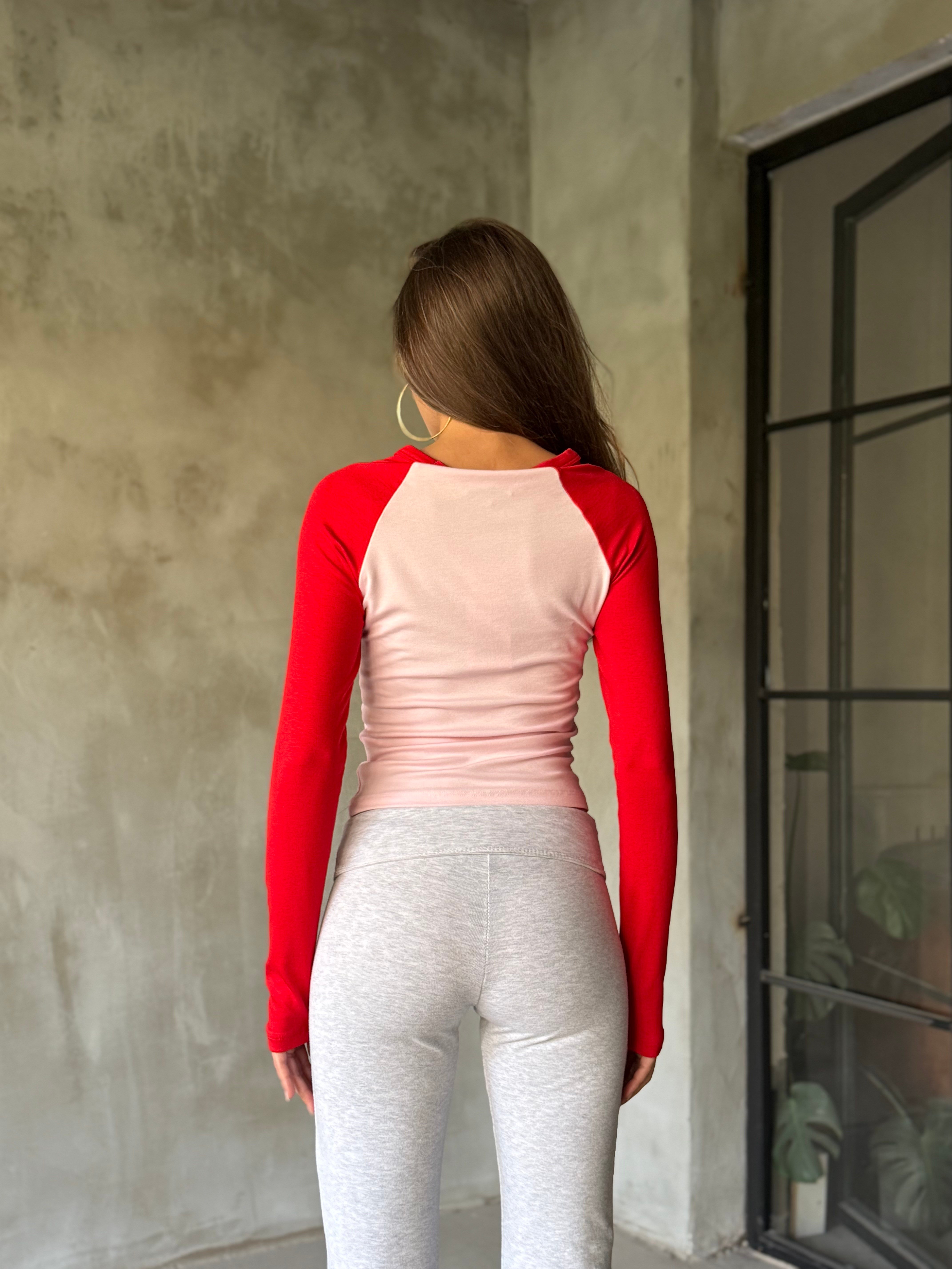 Uzun Reglan Kol Bluz Kırmızı Pembe - Dominatrend